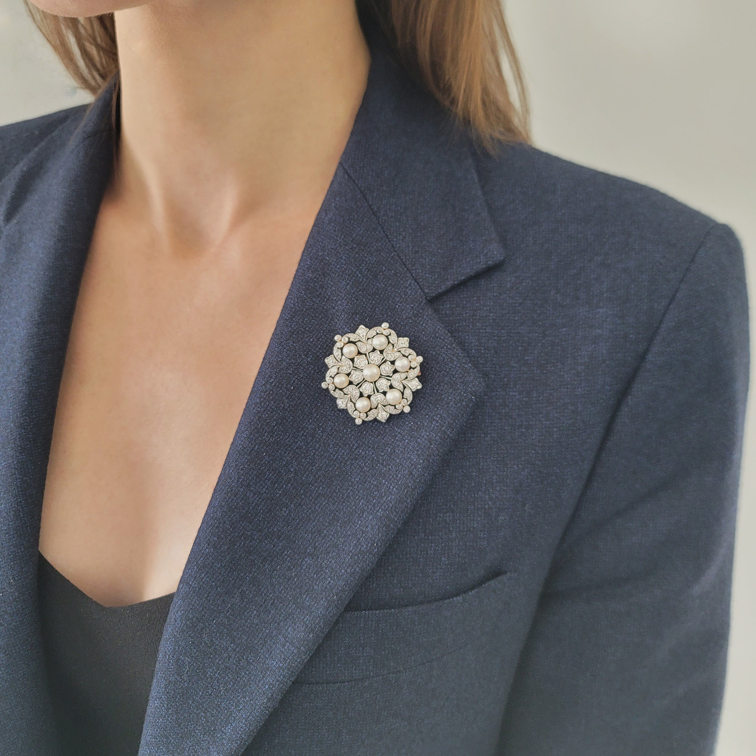 Tiffany & Co. Natural Pearl And Diamond Snowflake Brooch In Platinum Topped 18k Yellow Gold