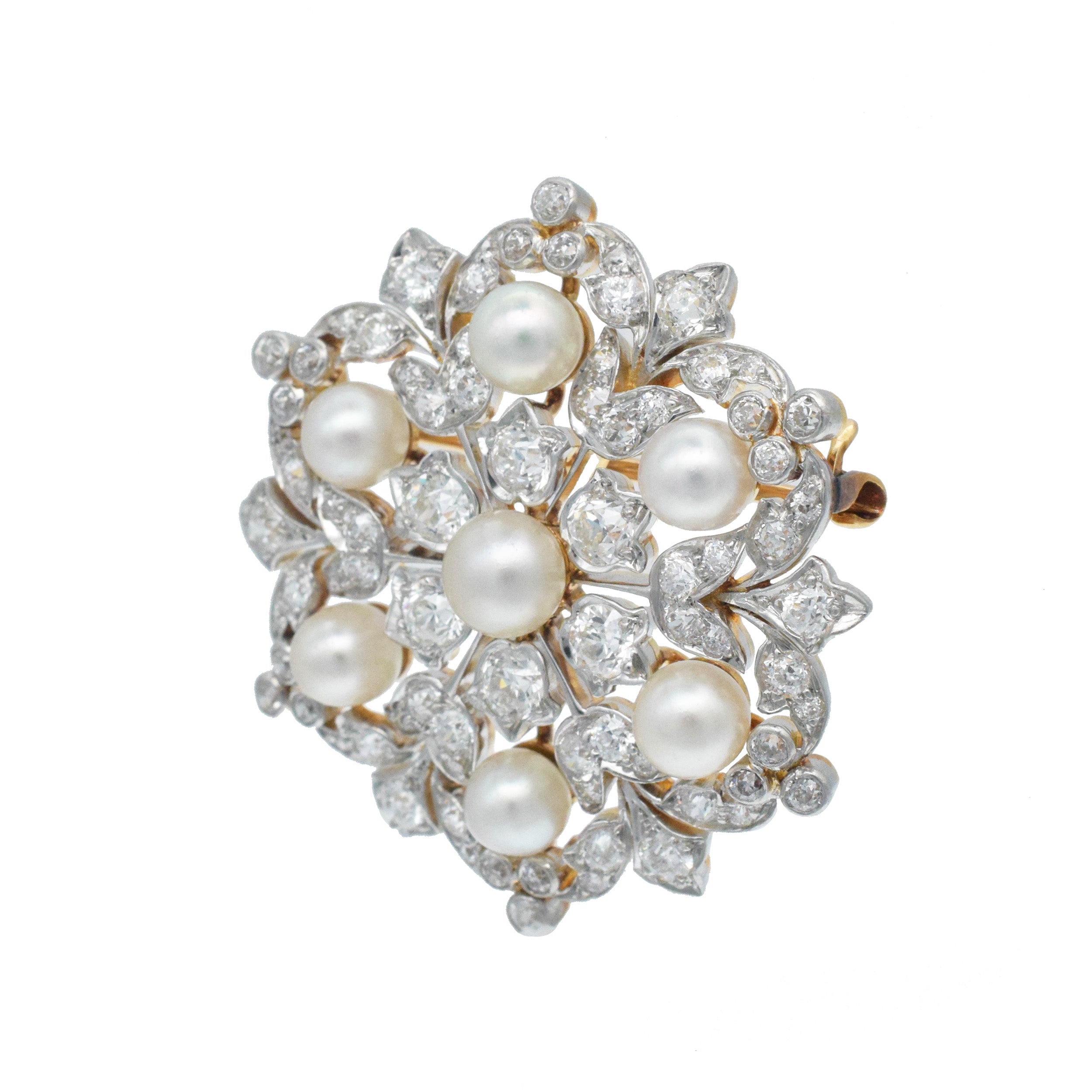 Tiffany & Co. Natural Pearl And Diamond Snowflake Brooch In Platinum Topped 18k Yellow Gold