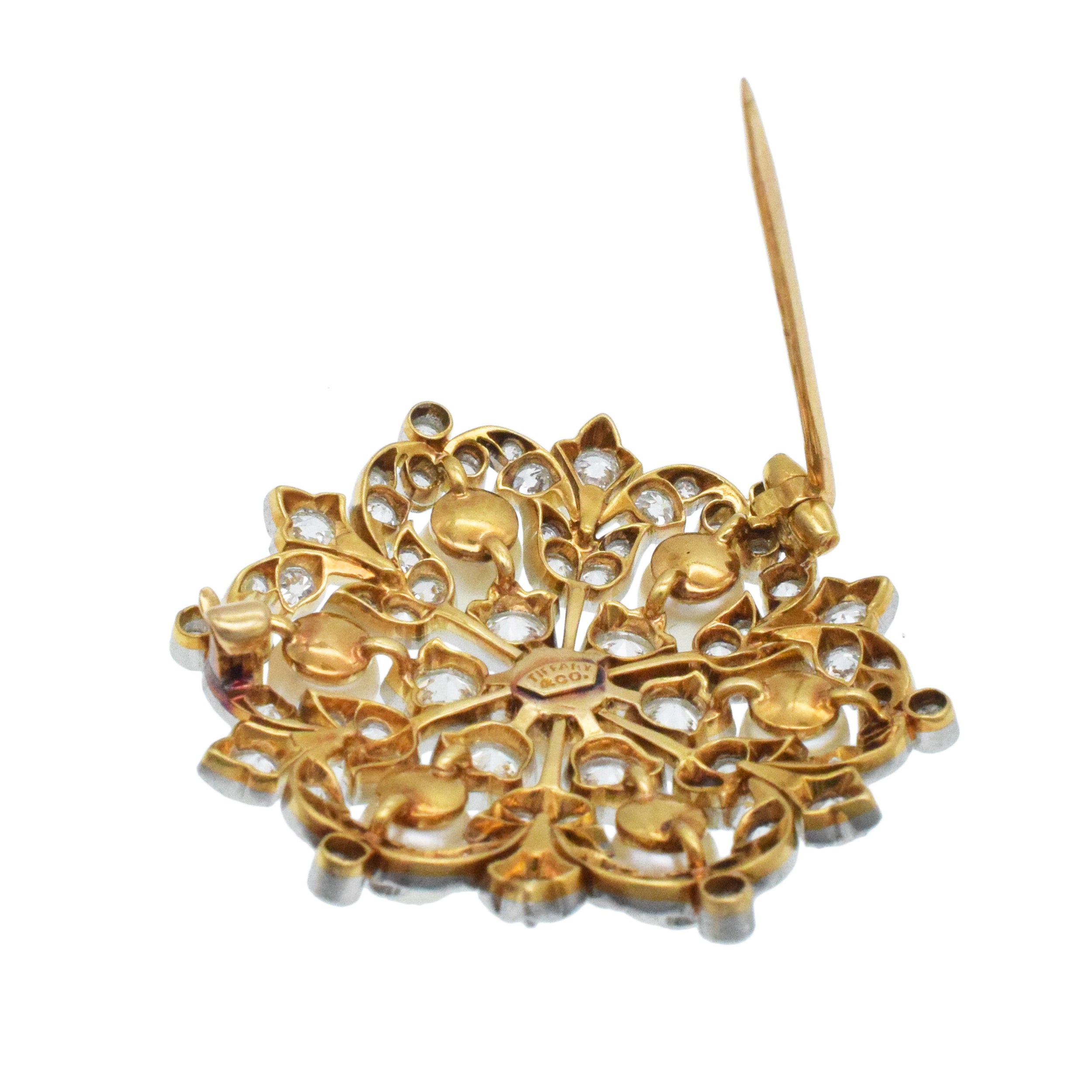 Tiffany & Co. Natural Pearl And Diamond Snowflake Brooch In Platinum Topped 18k Yellow Gold