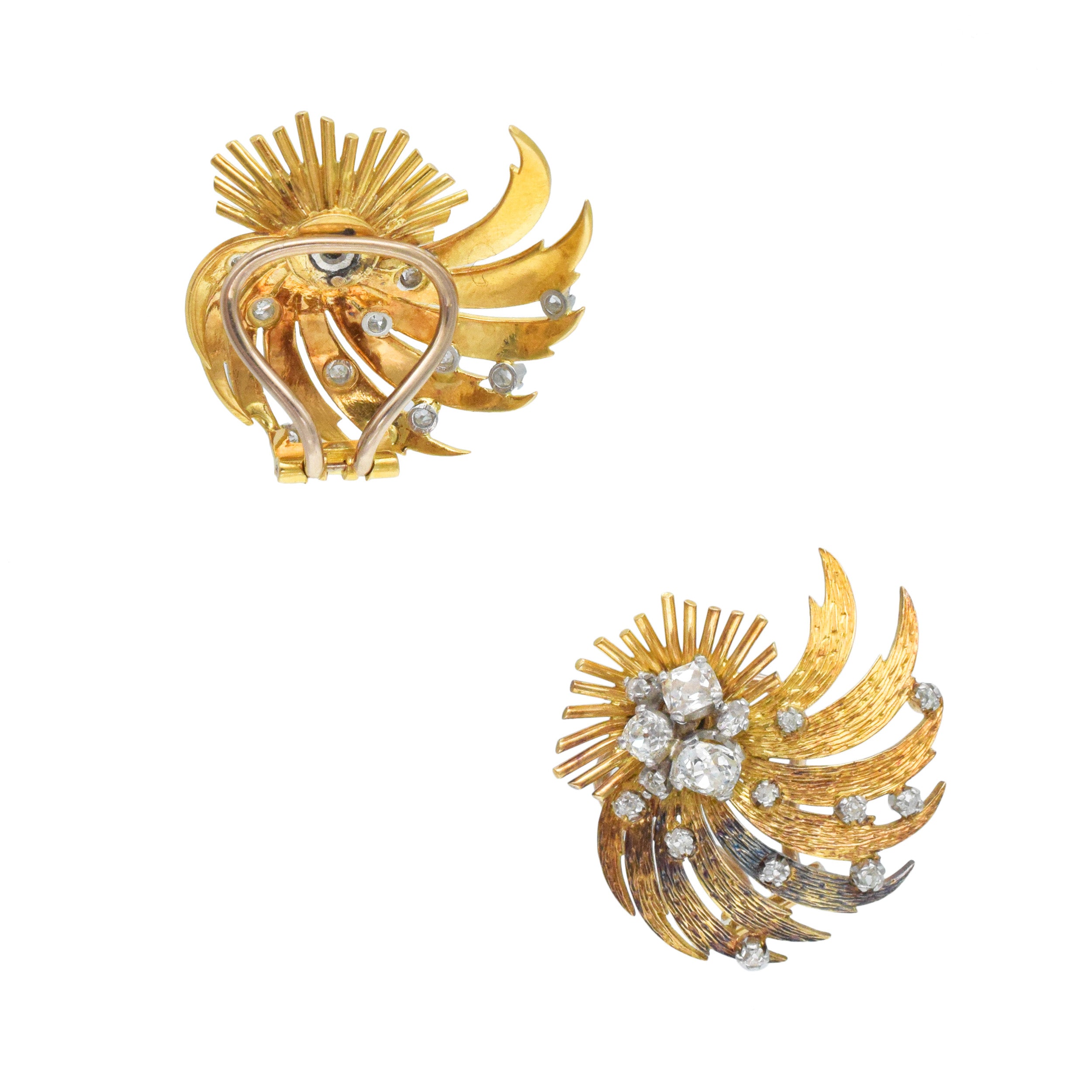 Garrard&Co. Vintage 18k Yellow Gold And Diamond Earrings And Brooch Set