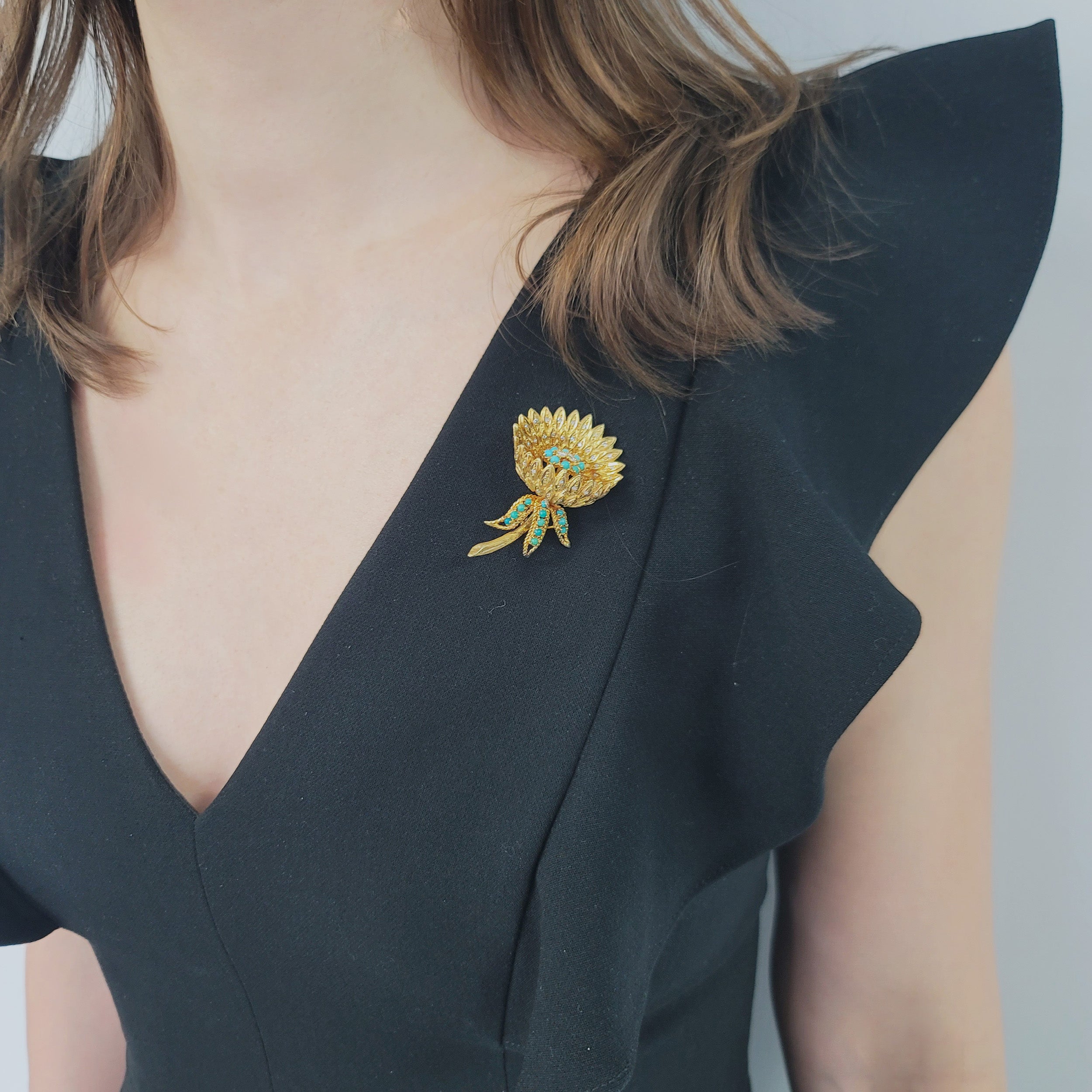 Wallach Turquoise And Diamond Flower Brooch In 18k Yellow Gold