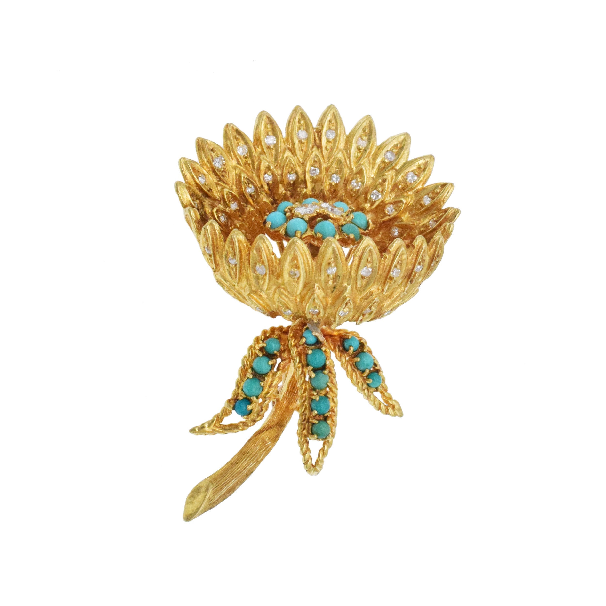 Wallach Turquoise And Diamond Flower Brooch In 18k Yellow Gold