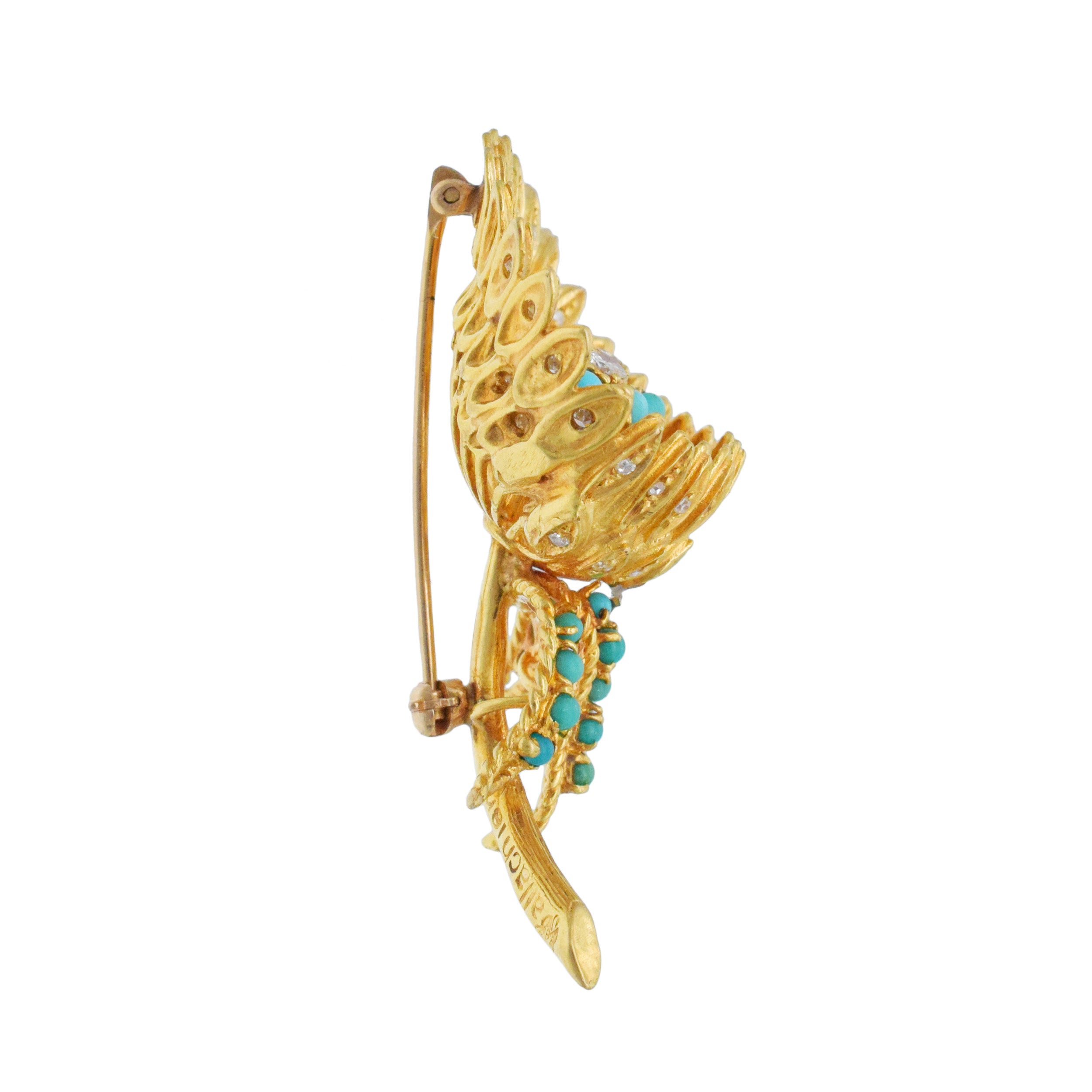 Wallach Turquoise And Diamond Flower Brooch In 18k Yellow Gold