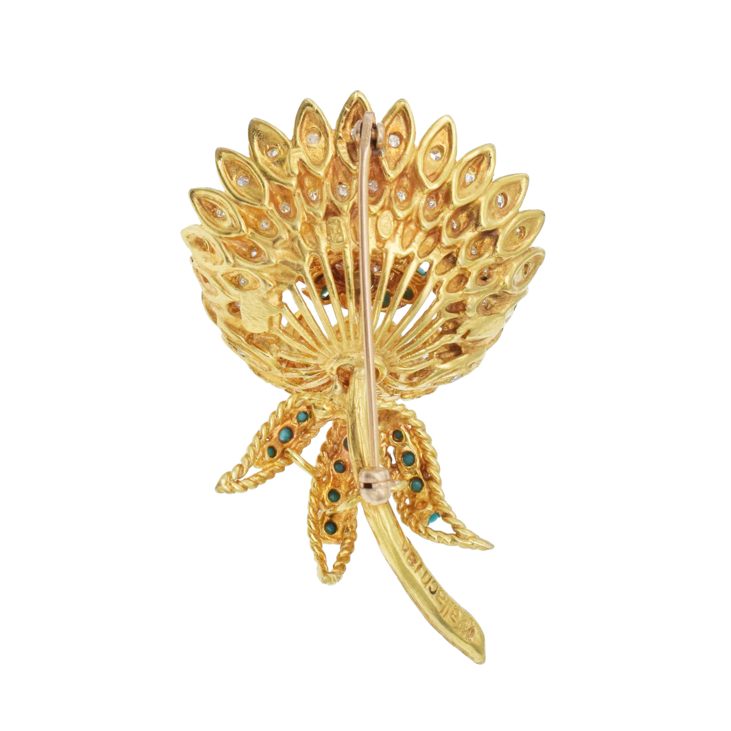 Wallach Turquoise And Diamond Flower Brooch In 18k Yellow Gold