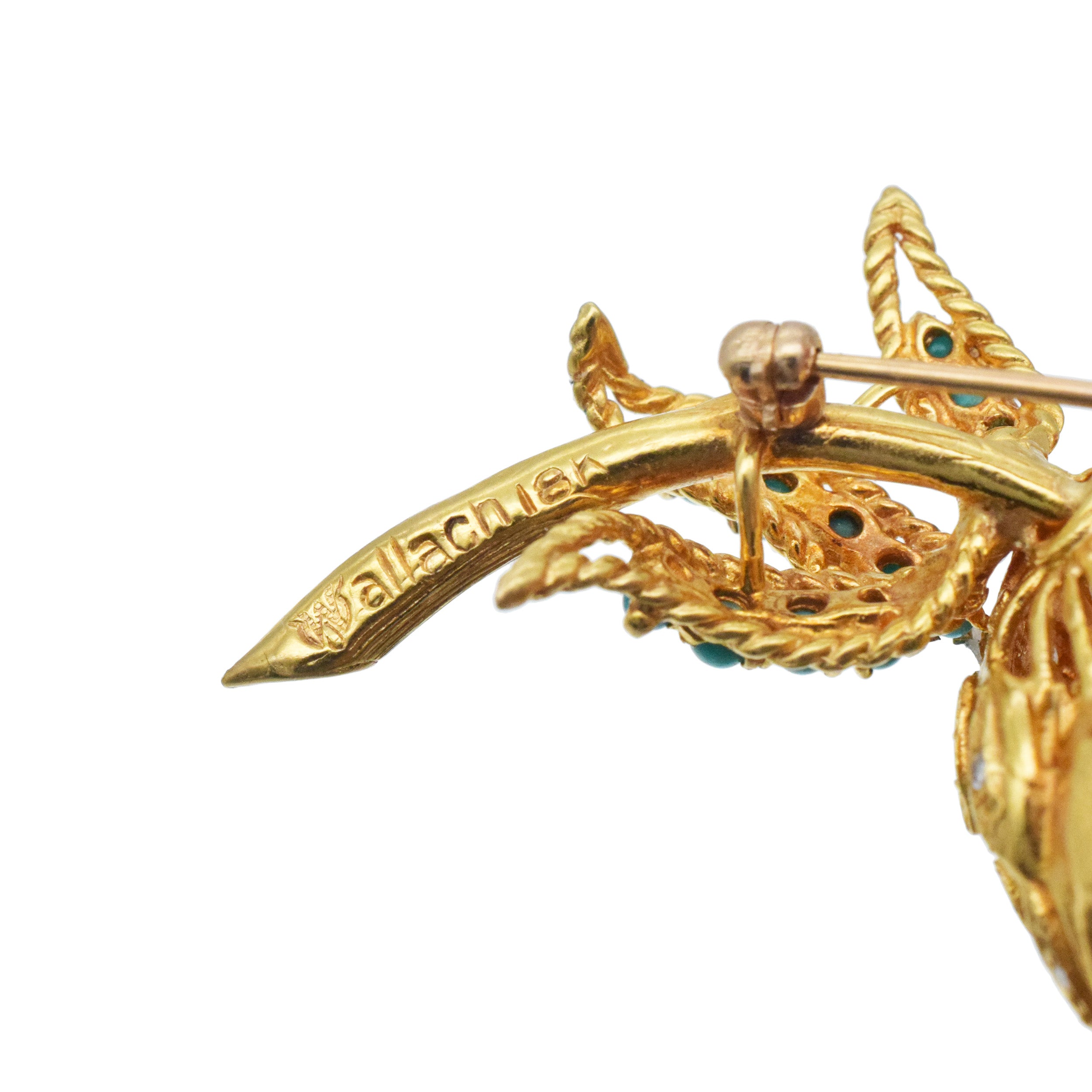 Wallach Turquoise And Diamond Flower Brooch In 18k Yellow Gold
