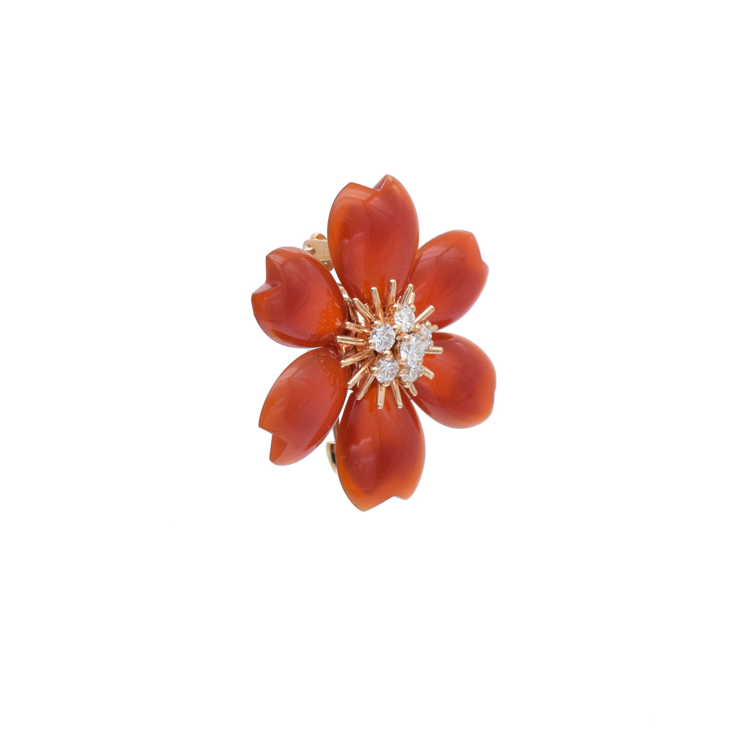Van Cleef & Arpels Carnelian Rose De Noel Clip Brooch / Pendant In 18k Yellow Gold. Small Model