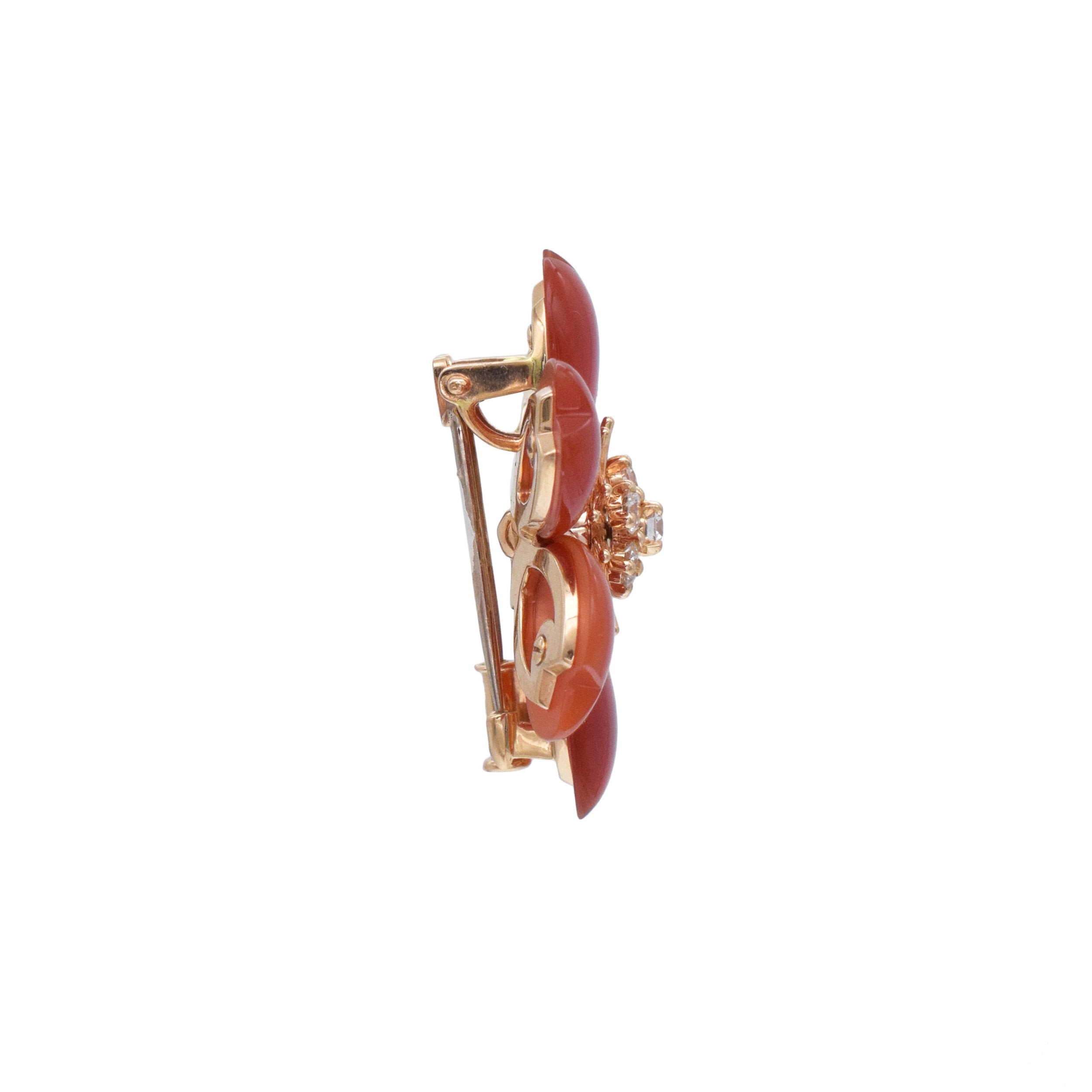 Van Cleef & Arpels Carnelian Rose De Noel Clip Brooch / Pendant In 18k Yellow Gold. Small Model
