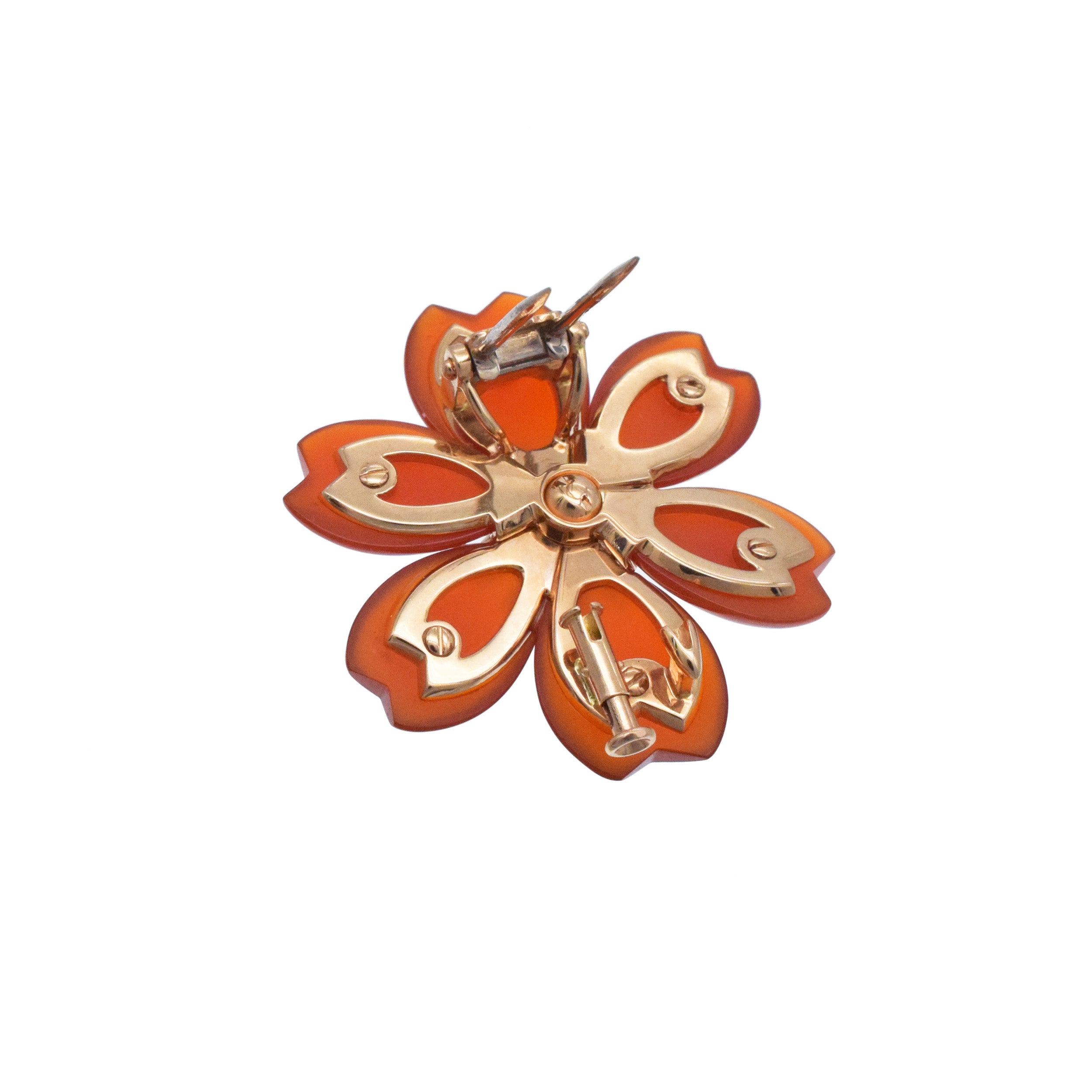 Van Cleef & Arpels Carnelian Rose De Noel Clip Brooch / Pendant In 18k Yellow Gold. Small Model