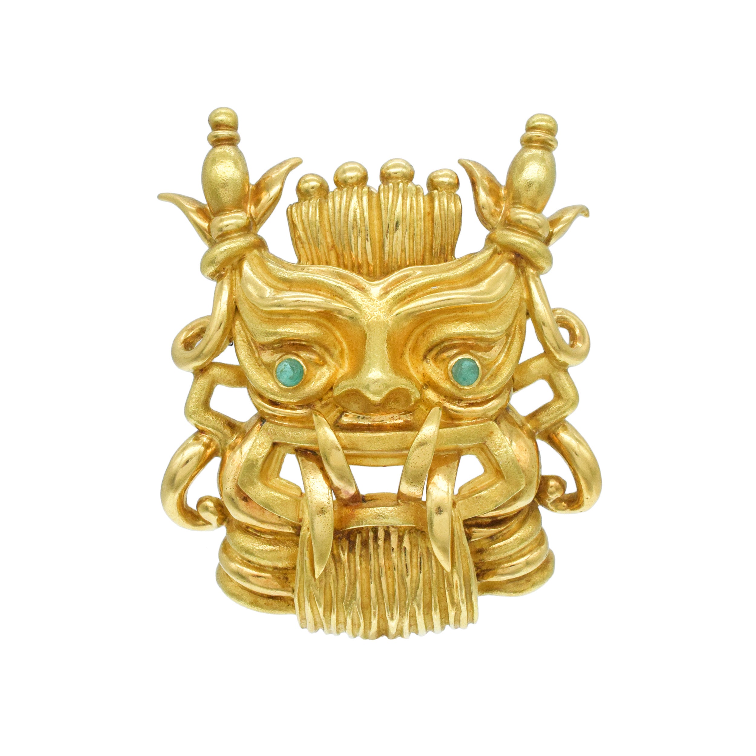 Tiffany&Co 18k Yellow Gold Mask Brooch / Pendant With Emerald Eyes