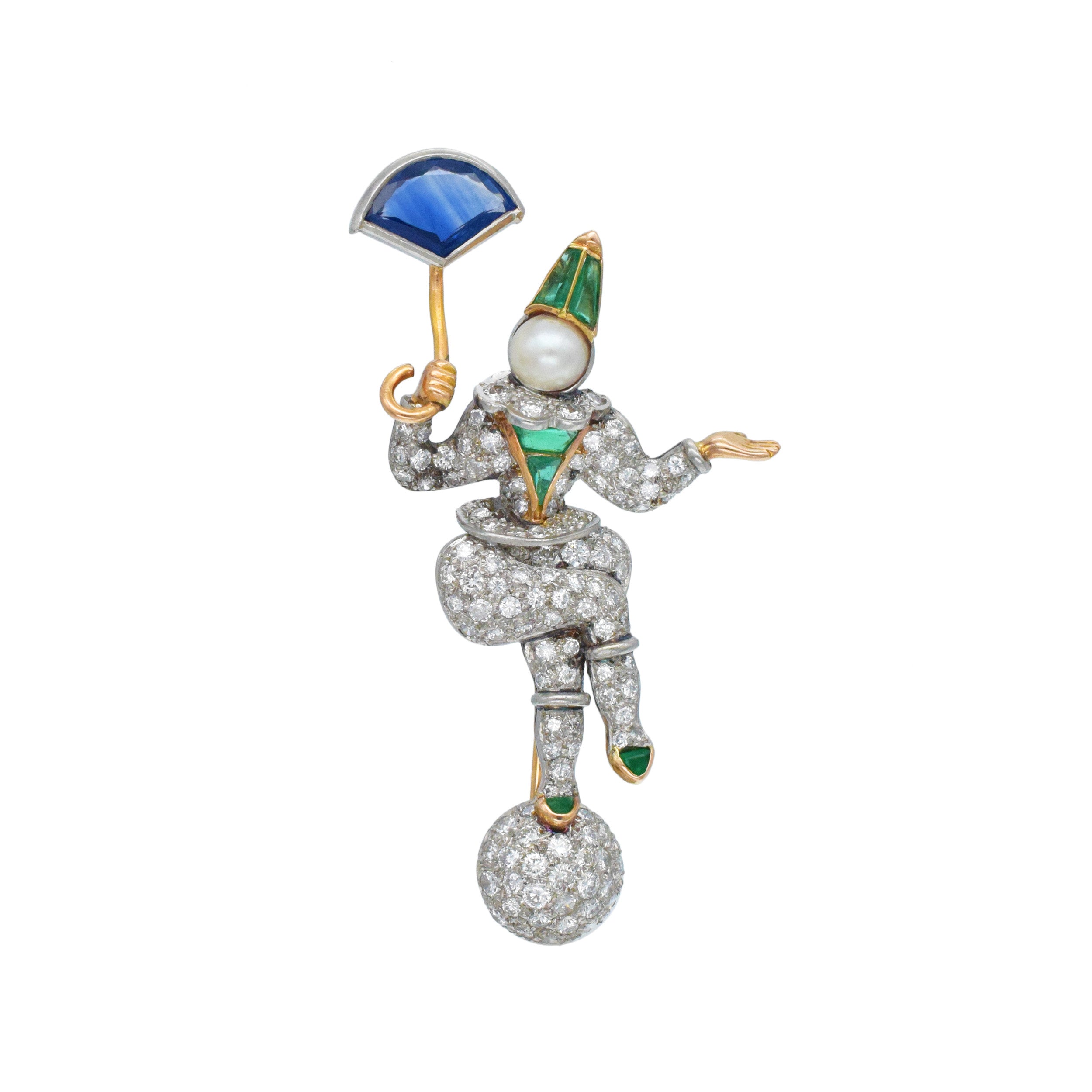 Diamond, Sapphire, Emerald And Pearl Clown Brooch In Platinum And Rose Gold