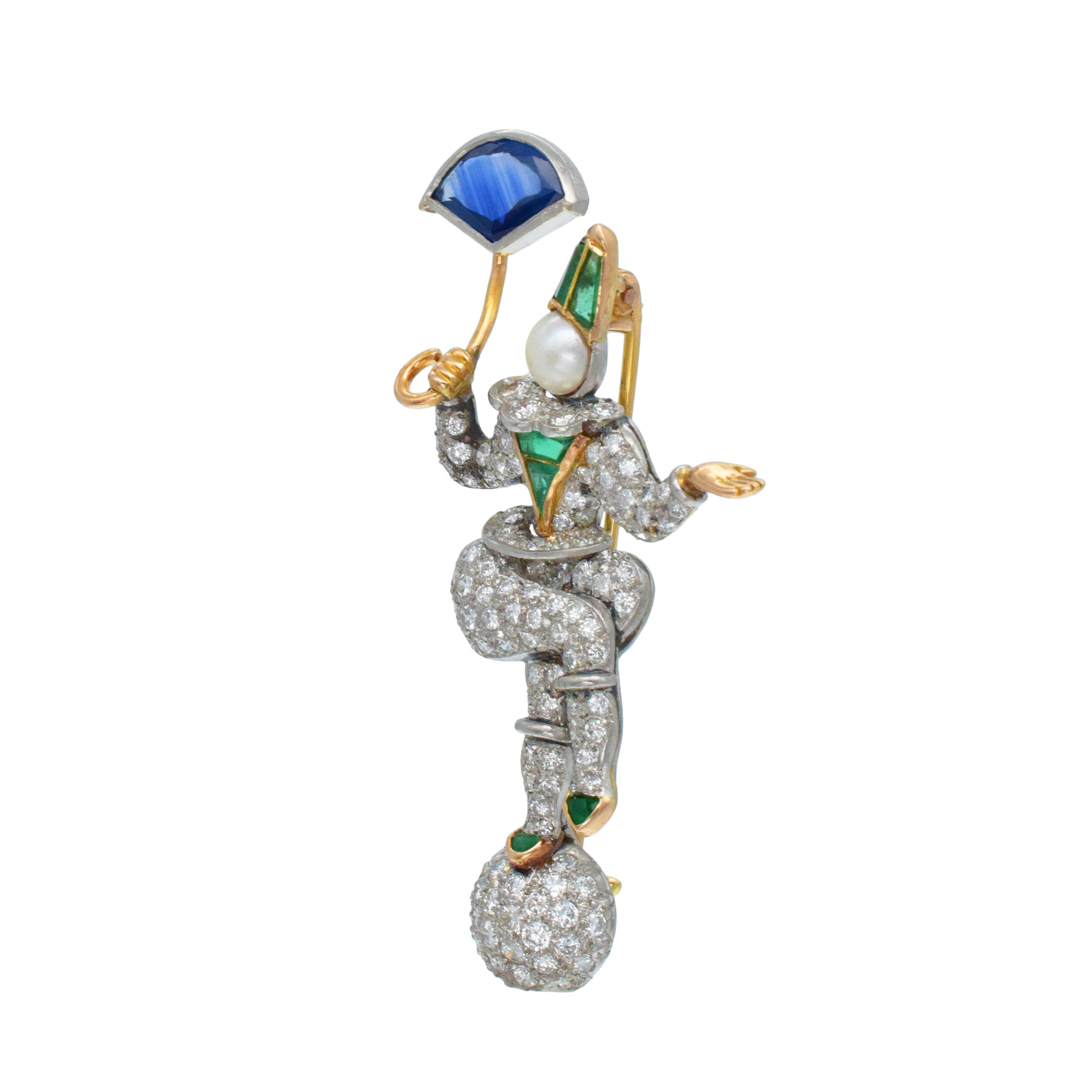 Diamond, Sapphire, Emerald And Pearl Clown Brooch In Platinum And Rose Gold