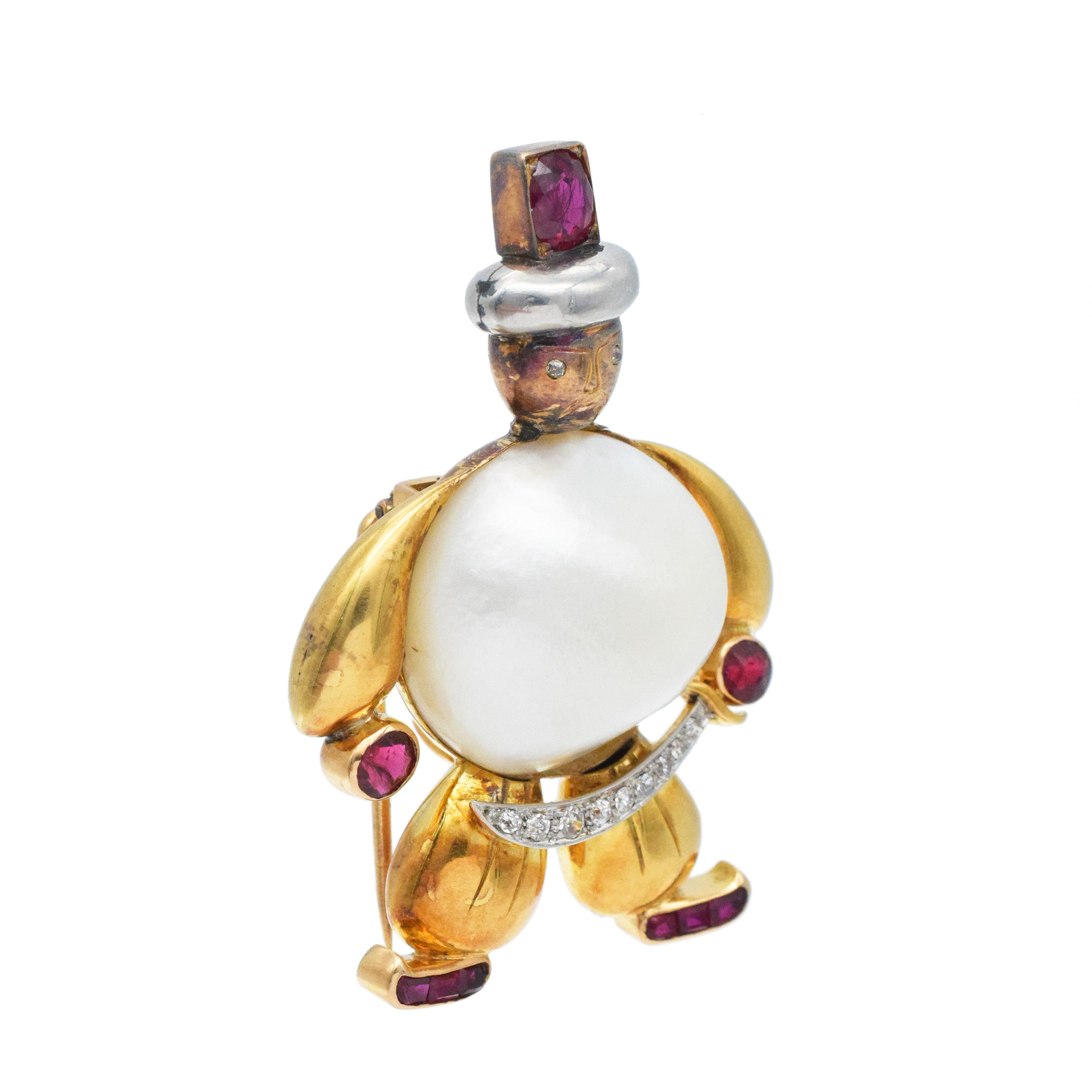 Vintage Mabe Pearl, Ruby And Diamond Cavalry Warrior Brooch In 18k Yellow Gold
