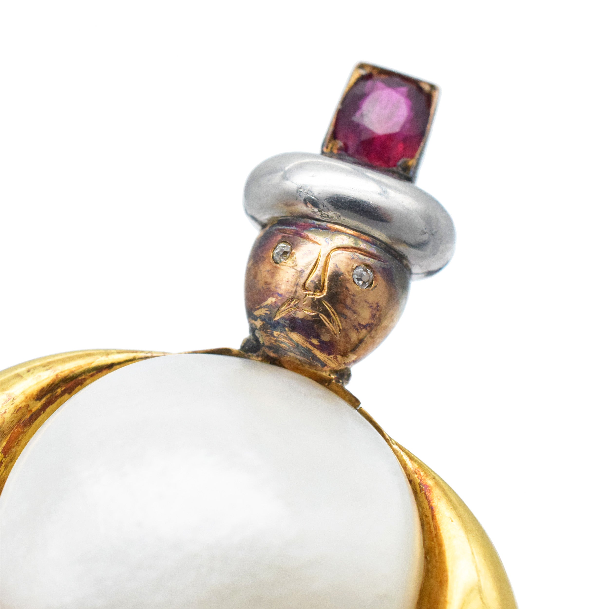 Vintage Mabe Pearl, Ruby And Diamond Cavalry Warrior Brooch In 18k Yellow Gold