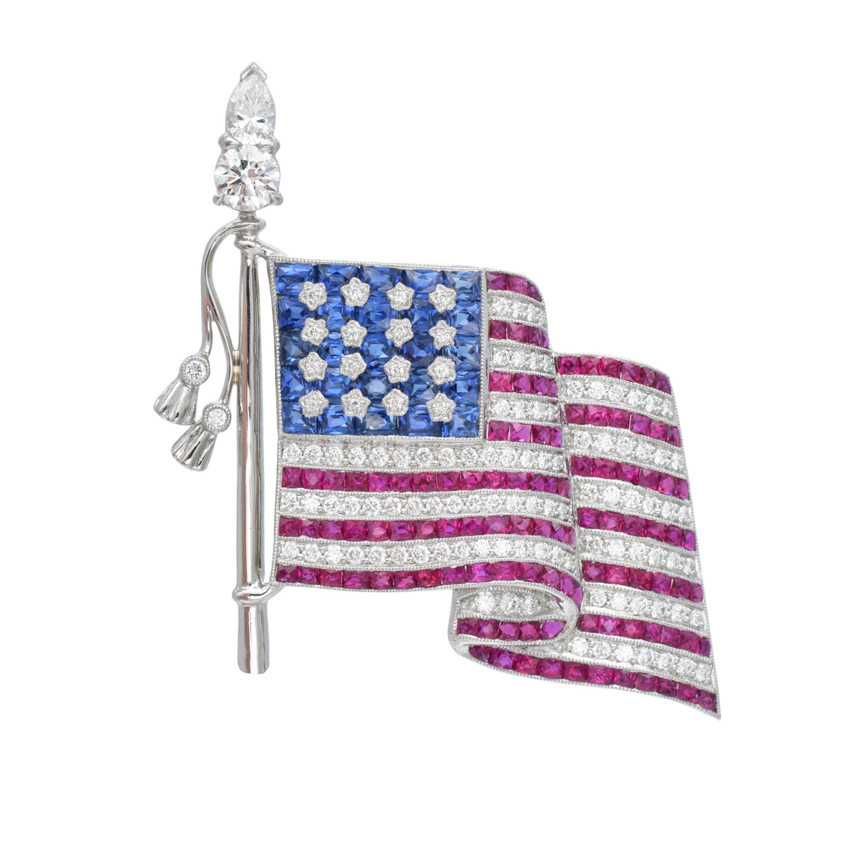 Diamond, Sapphire And Ruby American flag brooch in platinum