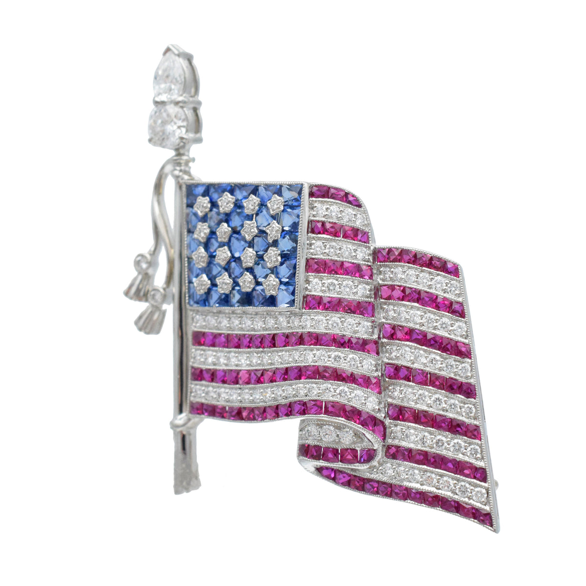 Diamond, Sapphire And Ruby American flag brooch in platinum