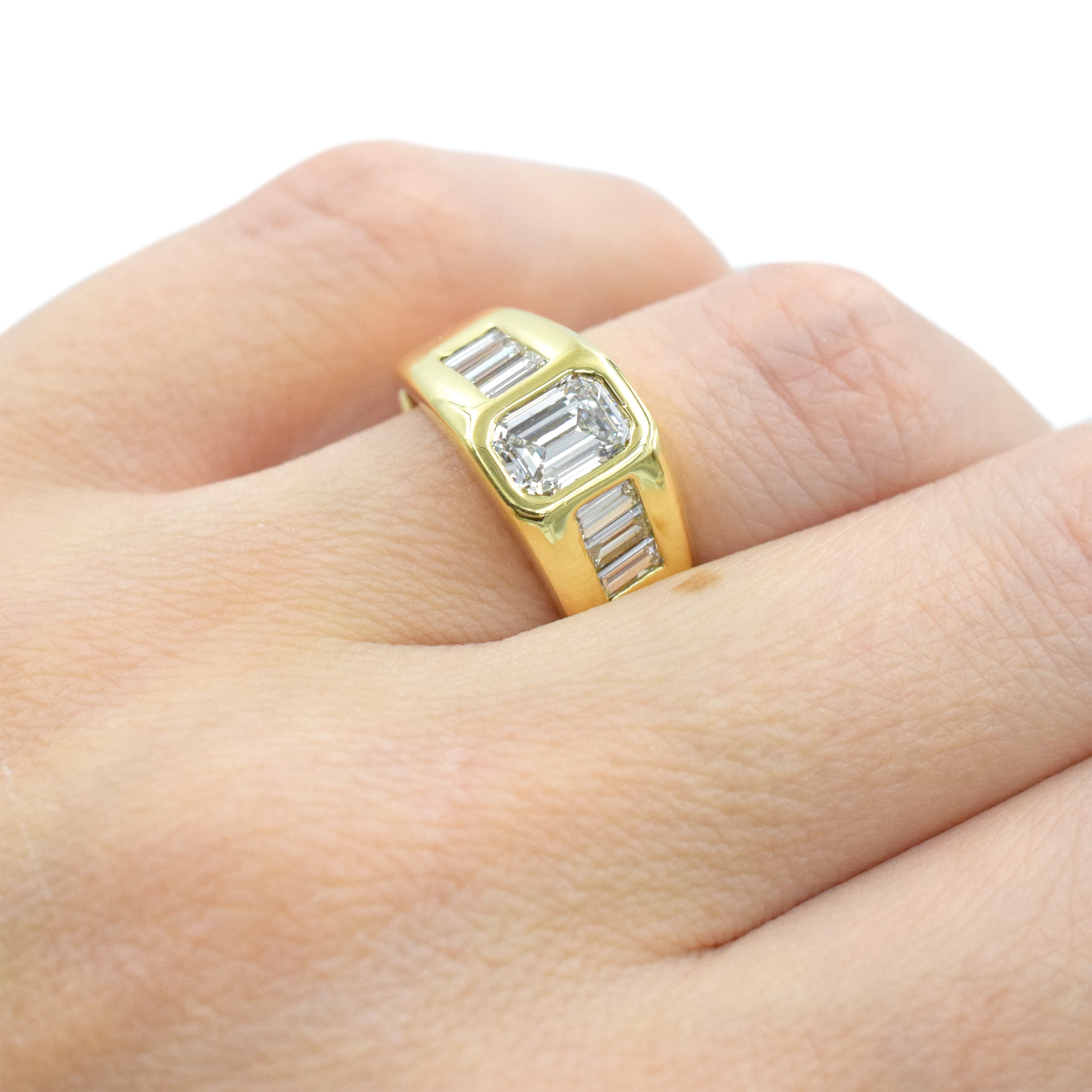 2.00ct Burnished Emerald Cut And Baguette Cut Diamond Ring In 18k Yellow Gold