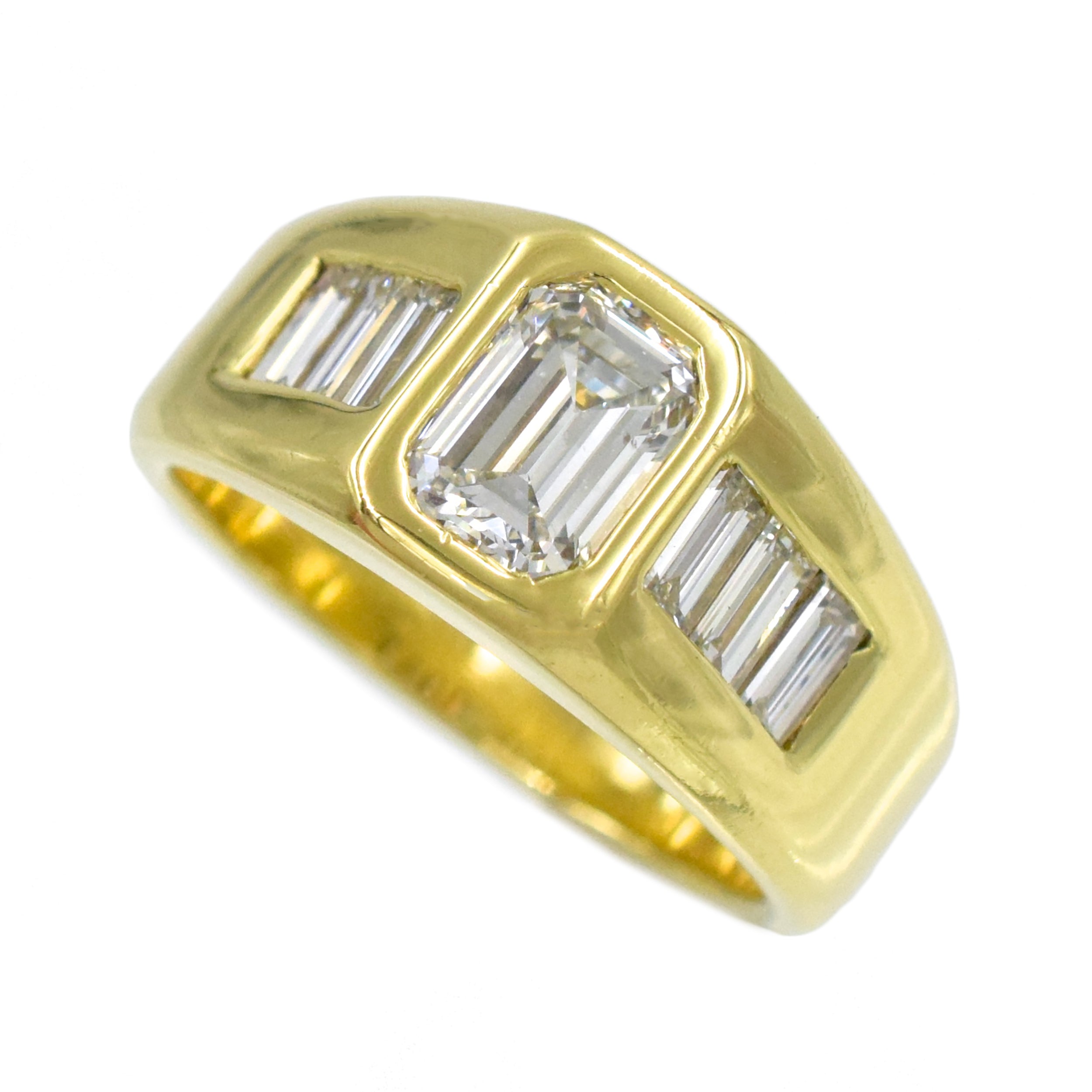 2.00ct Burnished Emerald Cut And Baguette Cut Diamond Ring In 18k Yellow Gold