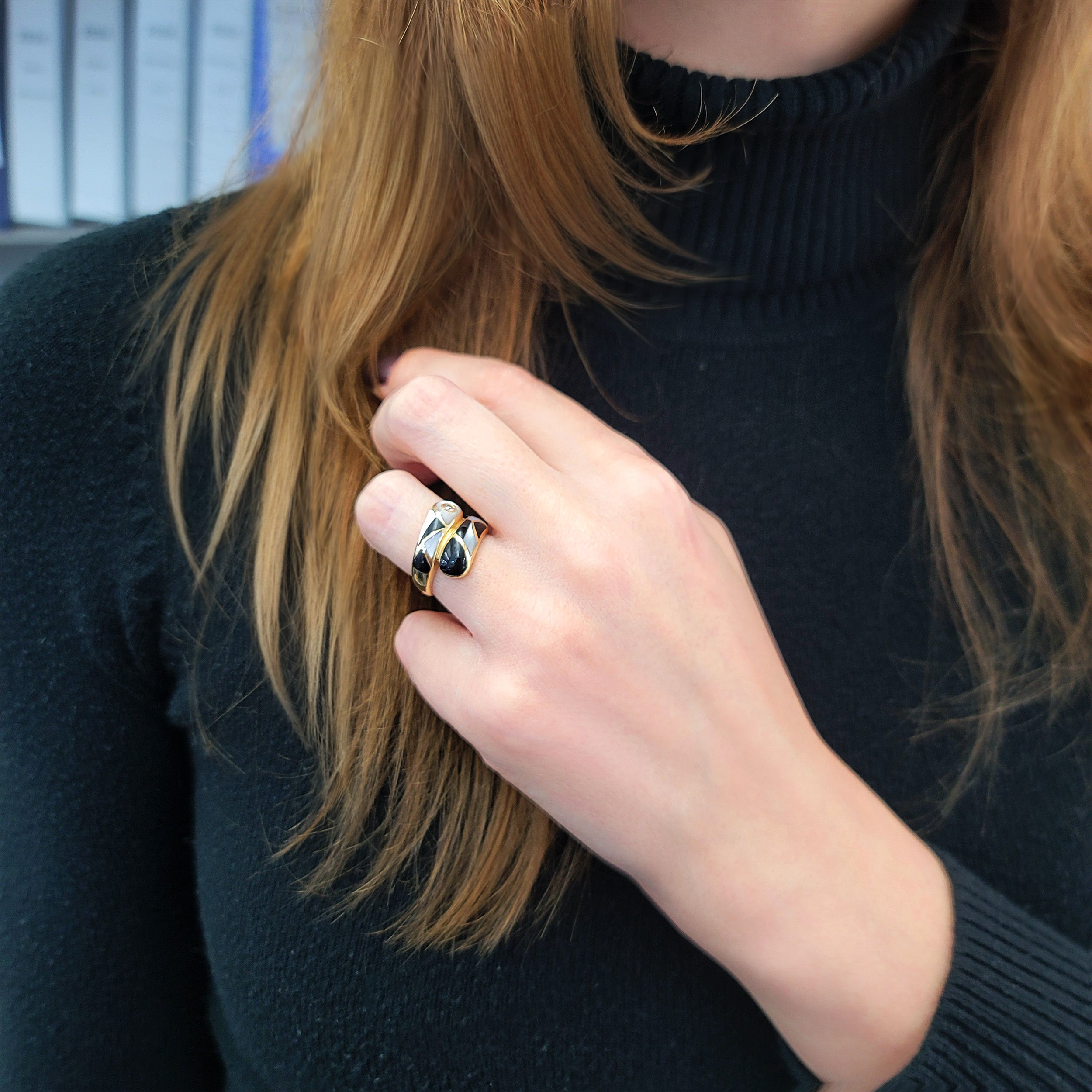 Diamond, Mother of Pearl, And Black Onyx  Bypass Ring