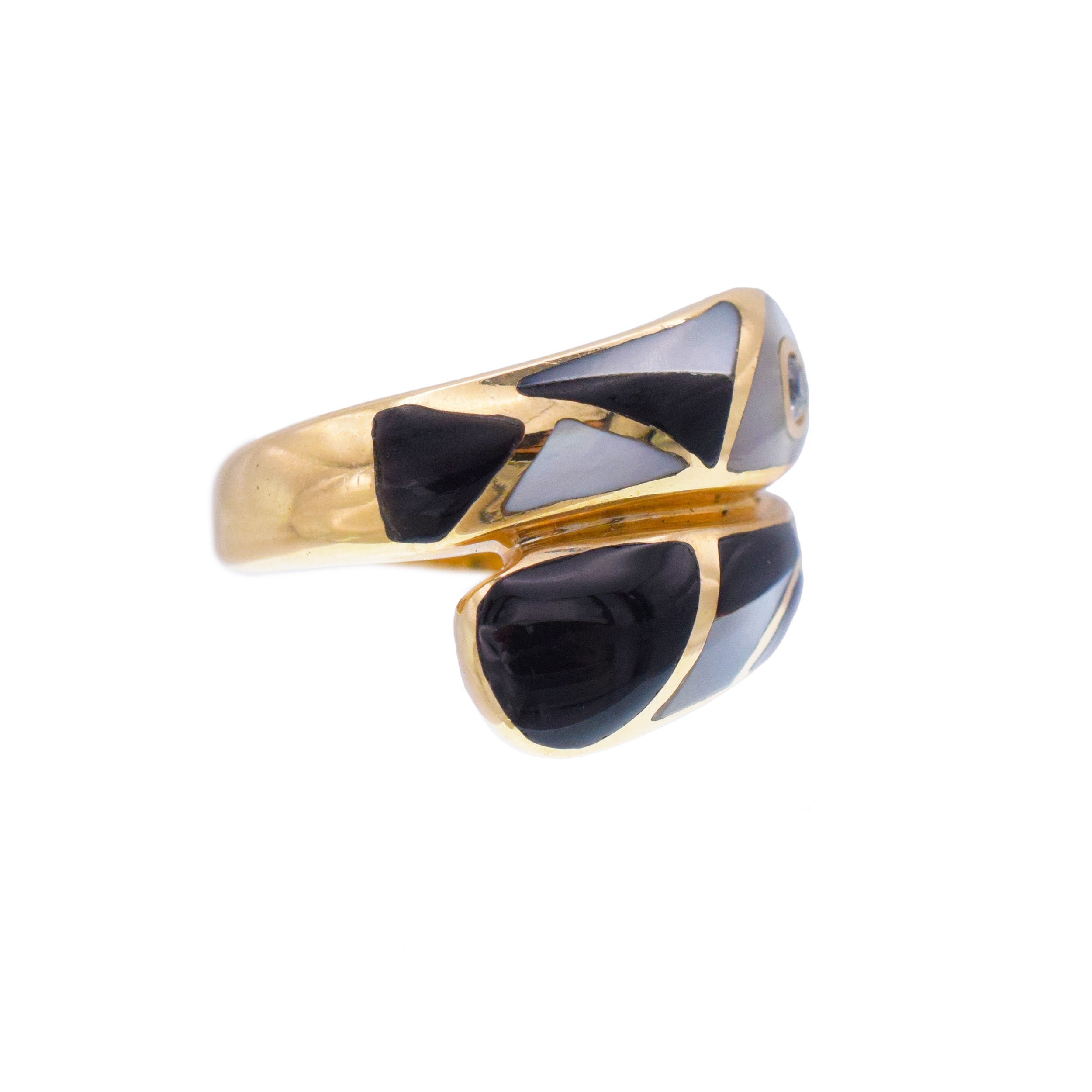 Diamond, Mother of Pearl, And Black Onyx  Bypass Ring