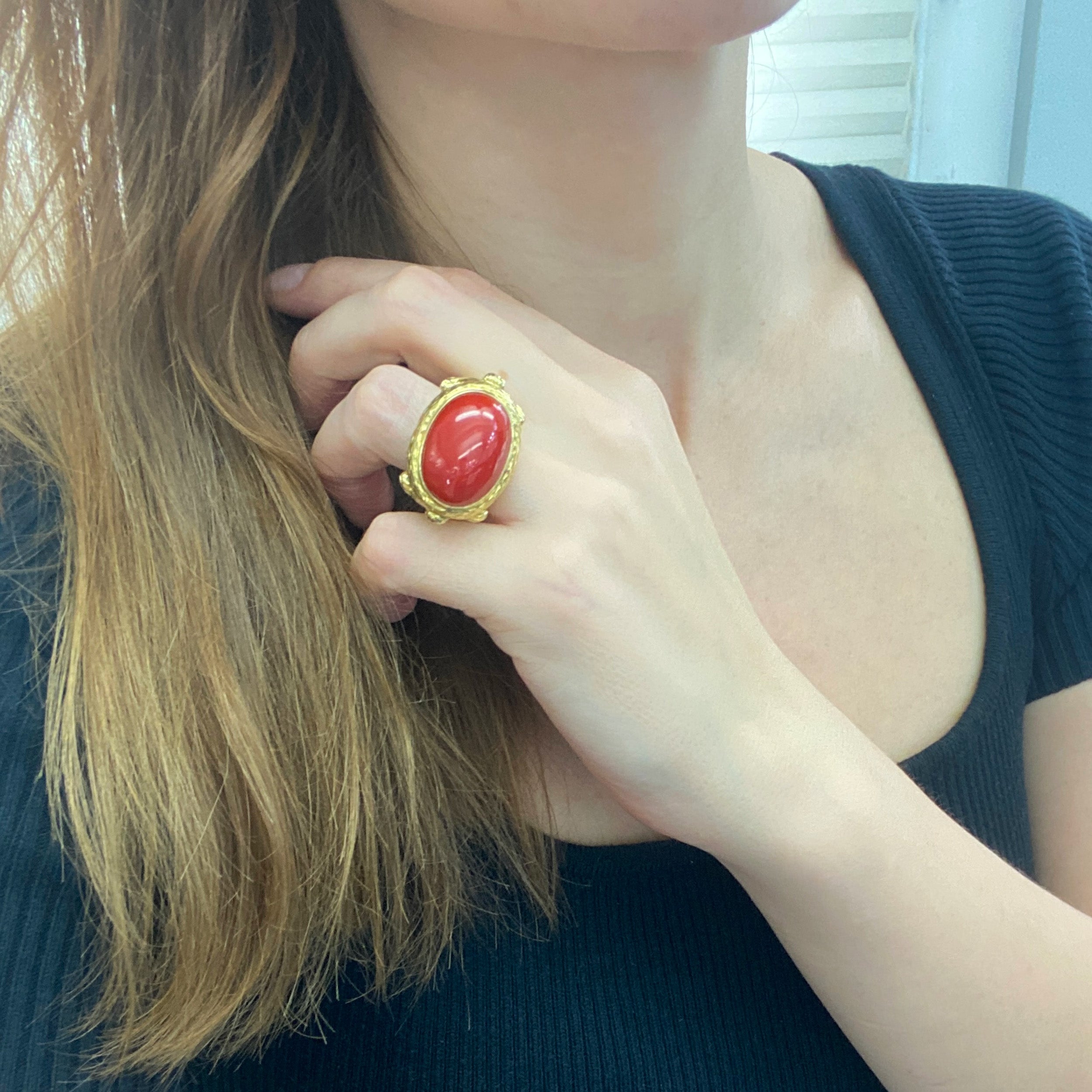 David Webb Coral Cocktail Ring in 18k Yellow Gold.