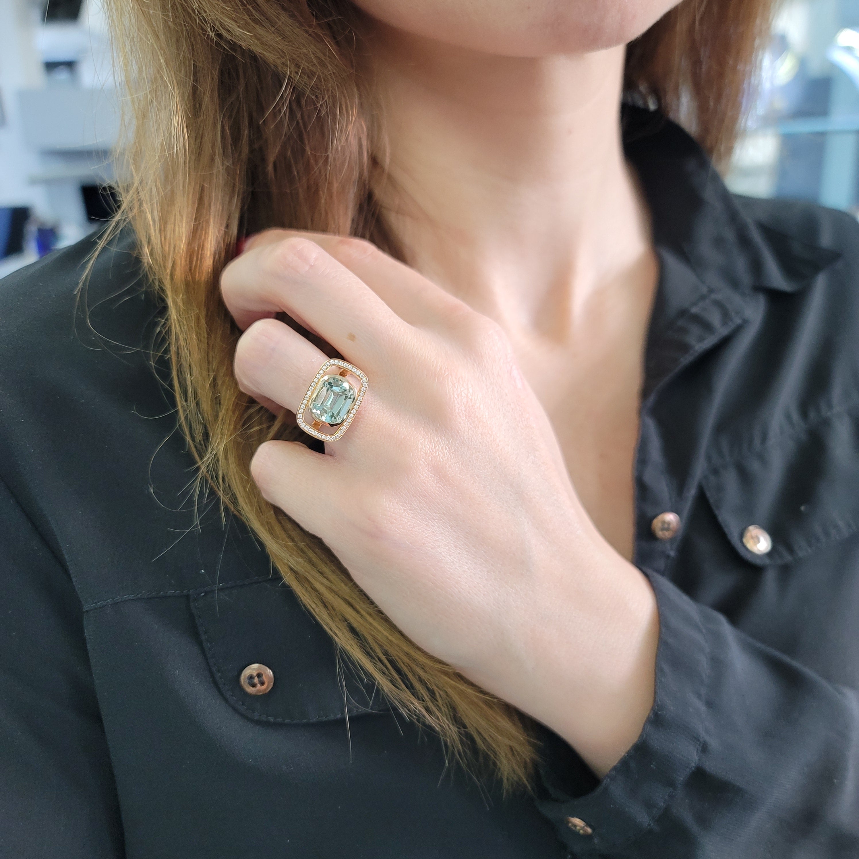 Hermes A L’ecoute Cushion Cut Beryl And Diamond Halo Ring In 18k Rose Gold