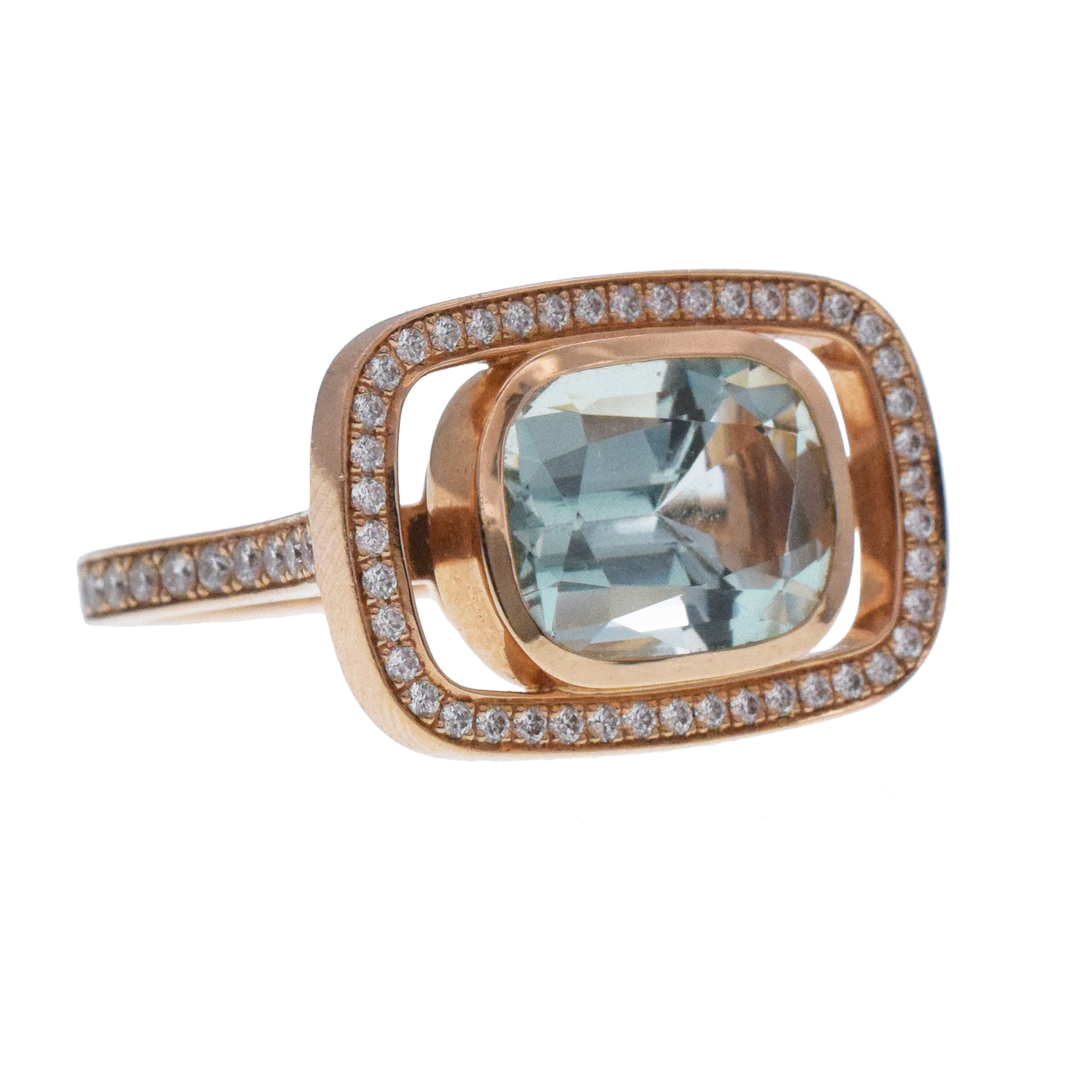 Hermes A L’ecoute Cushion Cut Beryl And Diamond Halo Ring In 18k Rose Gold