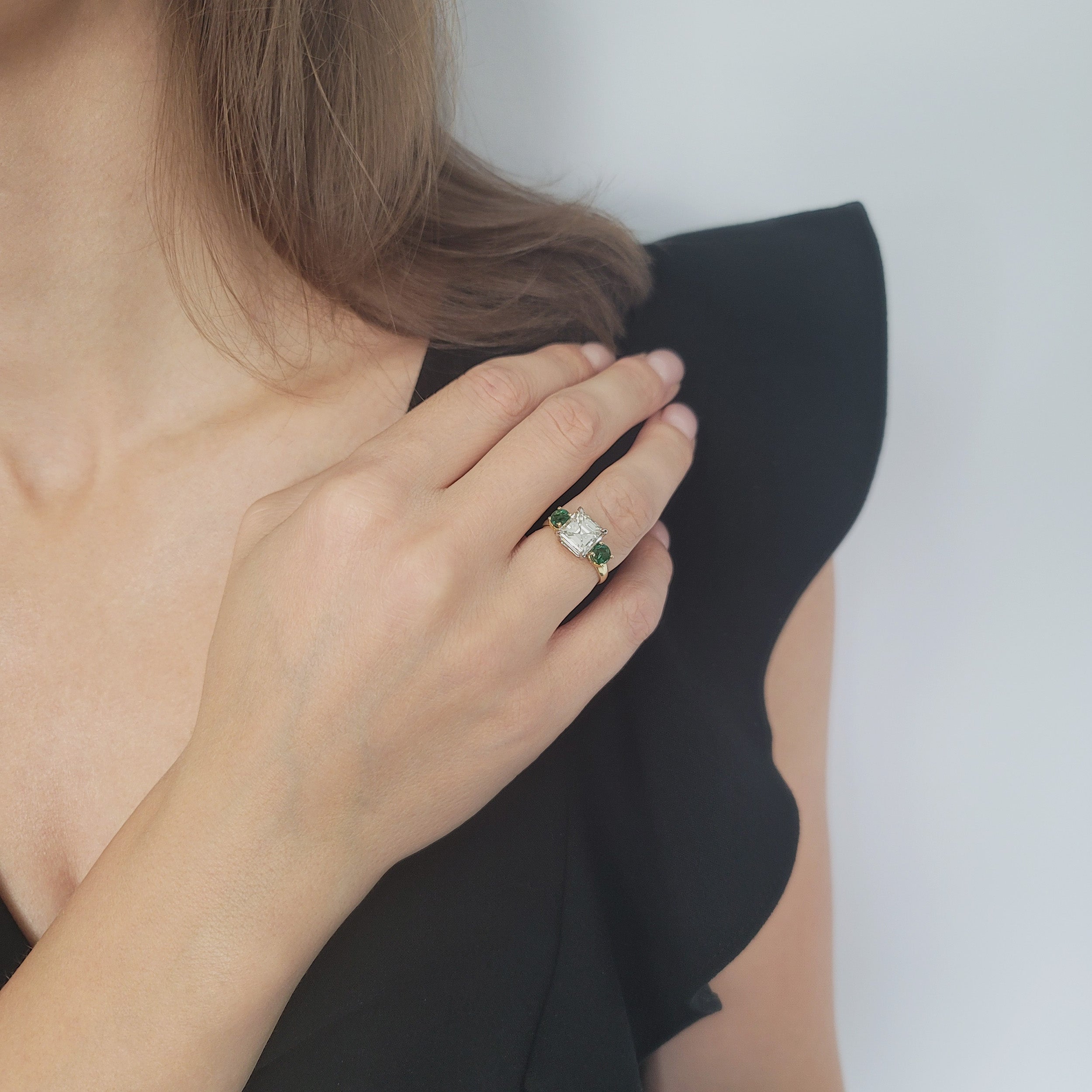 Tri-Stone 2.27ct Diamond And 0.75ct Emerald Ring In 18k Yellow Gold And Platinum