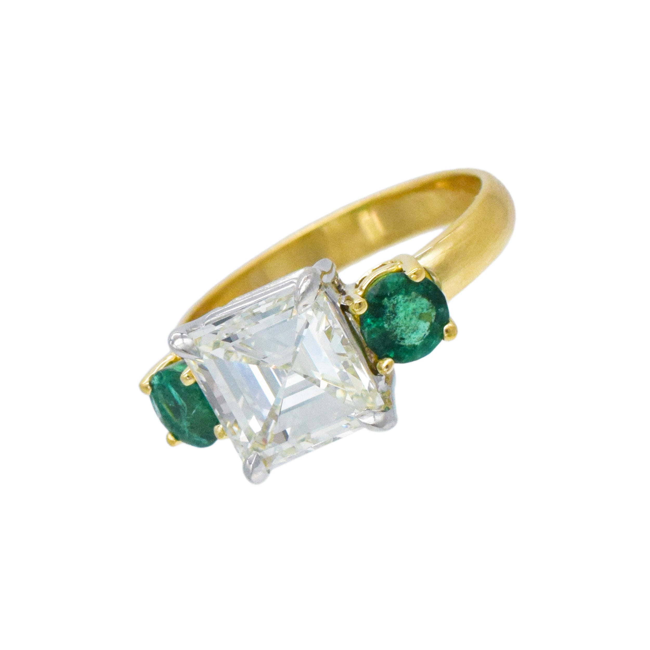 Tri-Stone 2.27ct Diamond And 0.75ct Emerald Ring In 18k Yellow Gold And Platinum