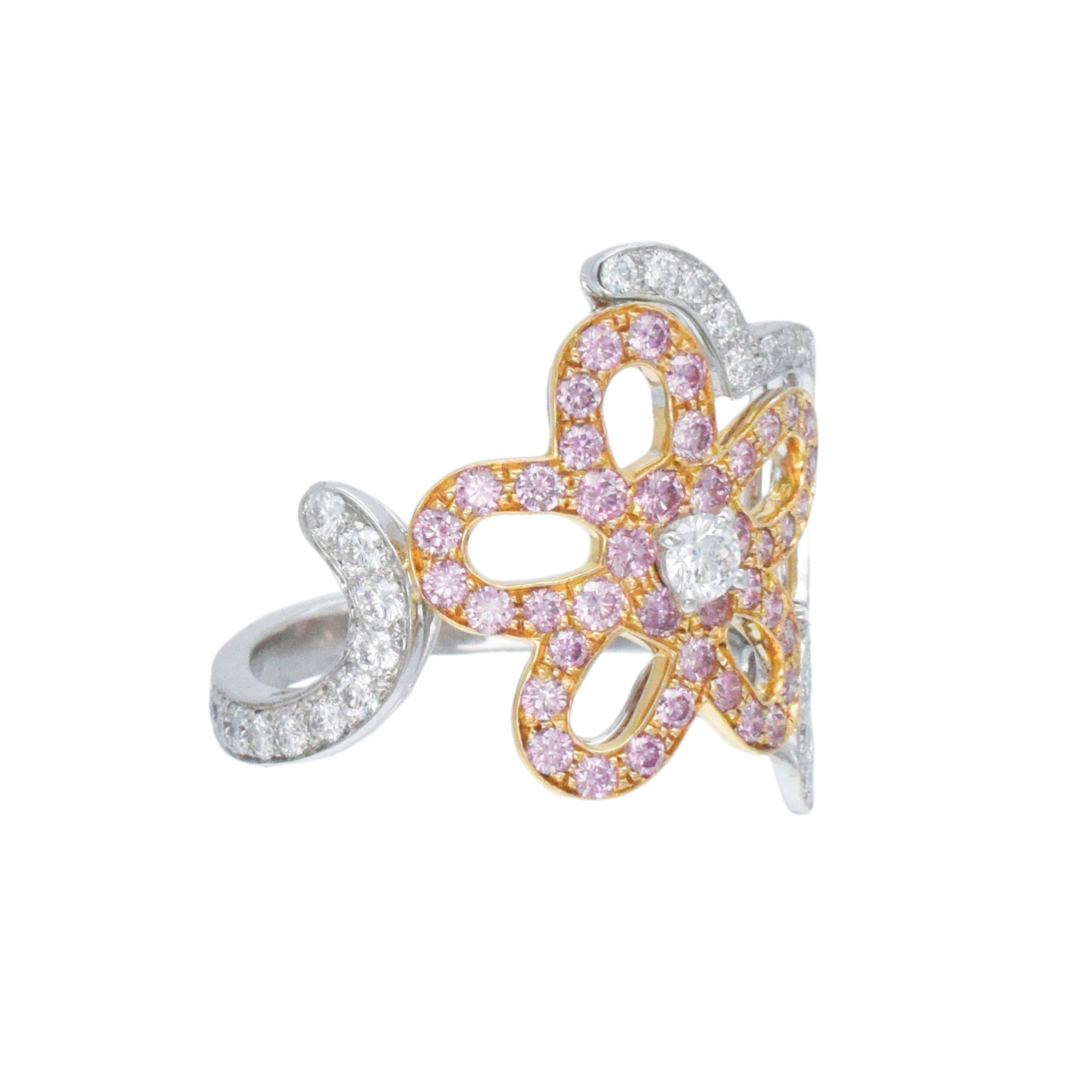 Van Cleef & Arpels Pink And White Diamond Floral-Motif Ring In Two Tone Gold