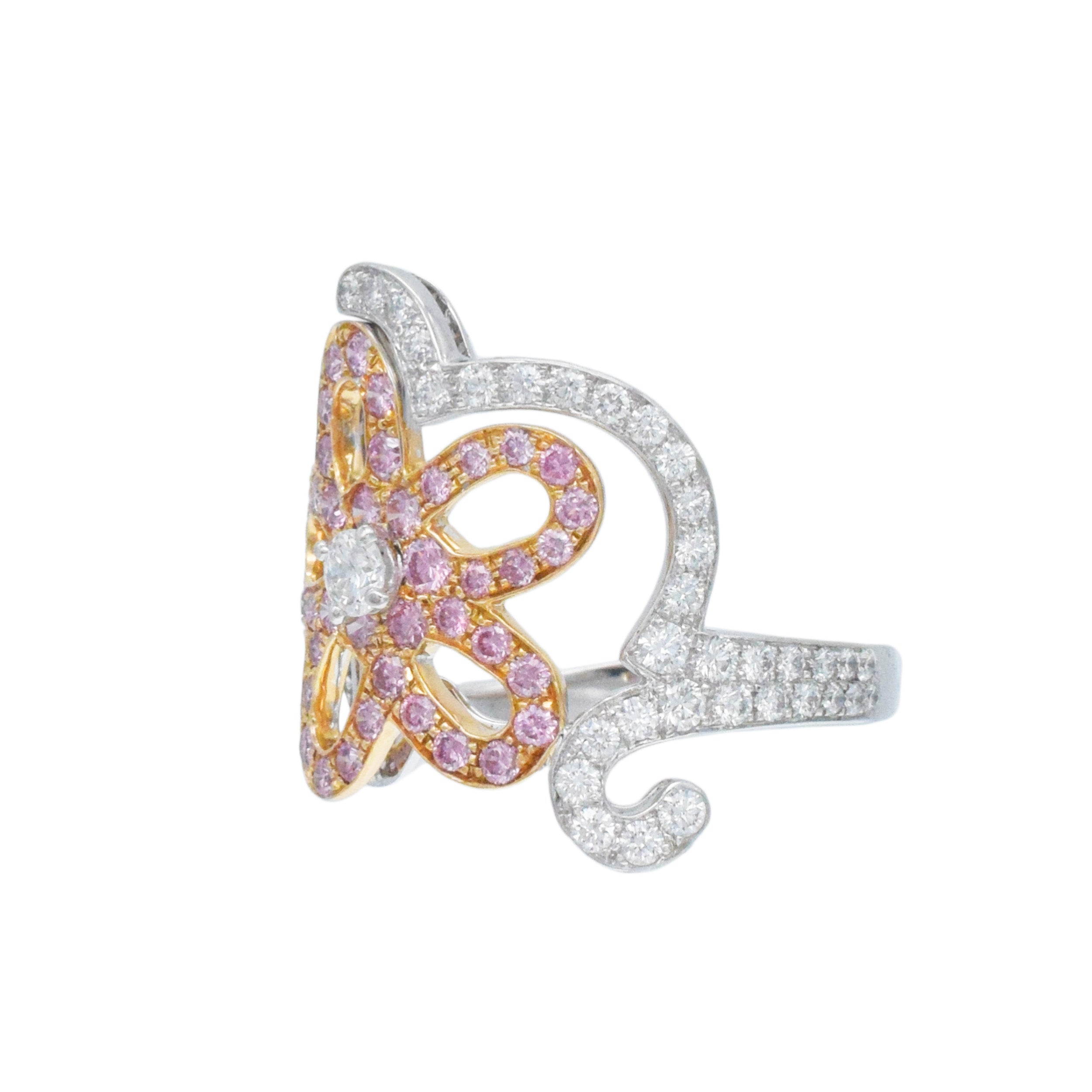 Van Cleef & Arpels Pink And White Diamond Floral-Motif Ring In Two Tone Gold