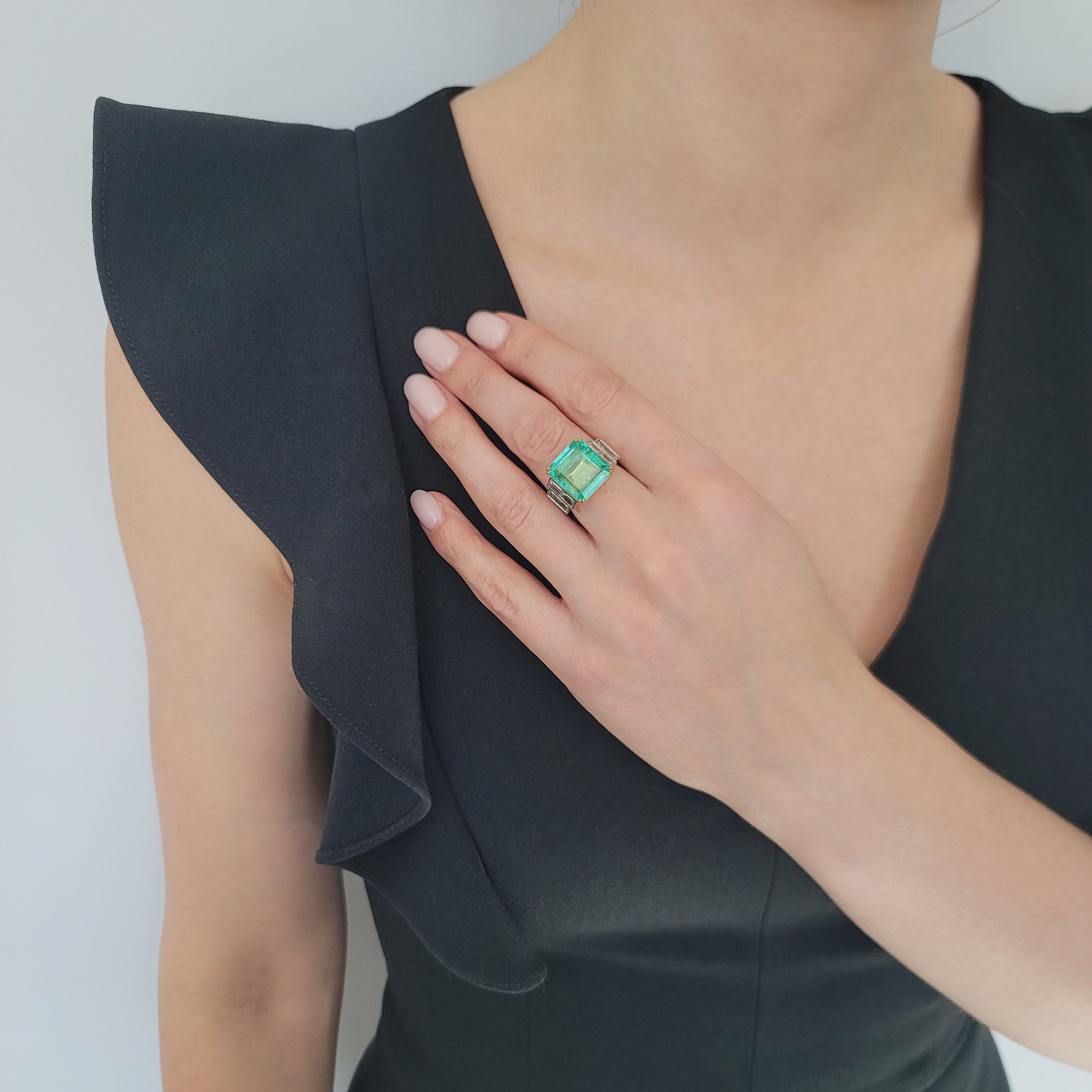 Emerald And Diamond Cocktail Ring In Platinum And 18k Yellow Gold