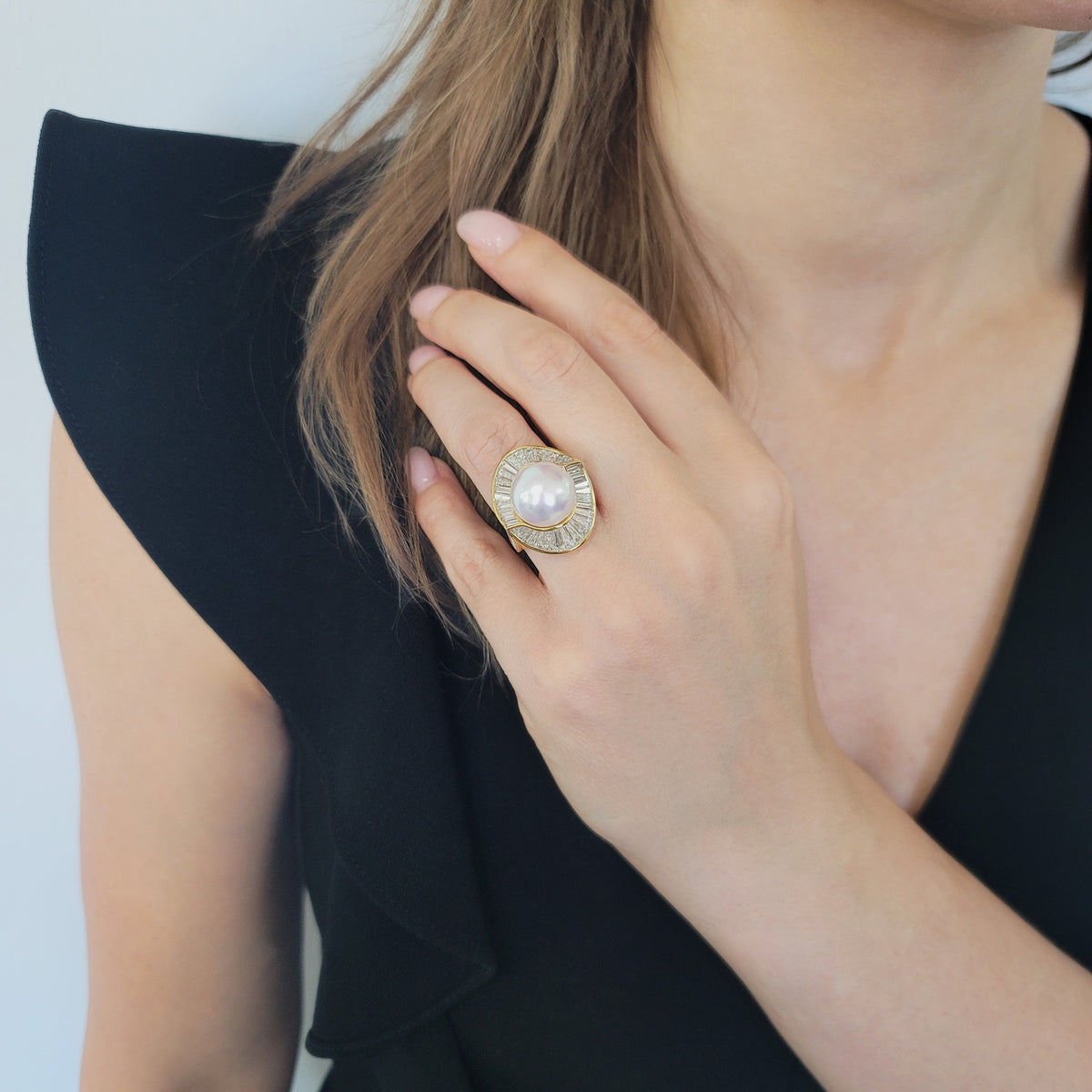 Harry Winston Vintage Pearl And Diamond Ring In 18k Yellow Gold Plated Platinum