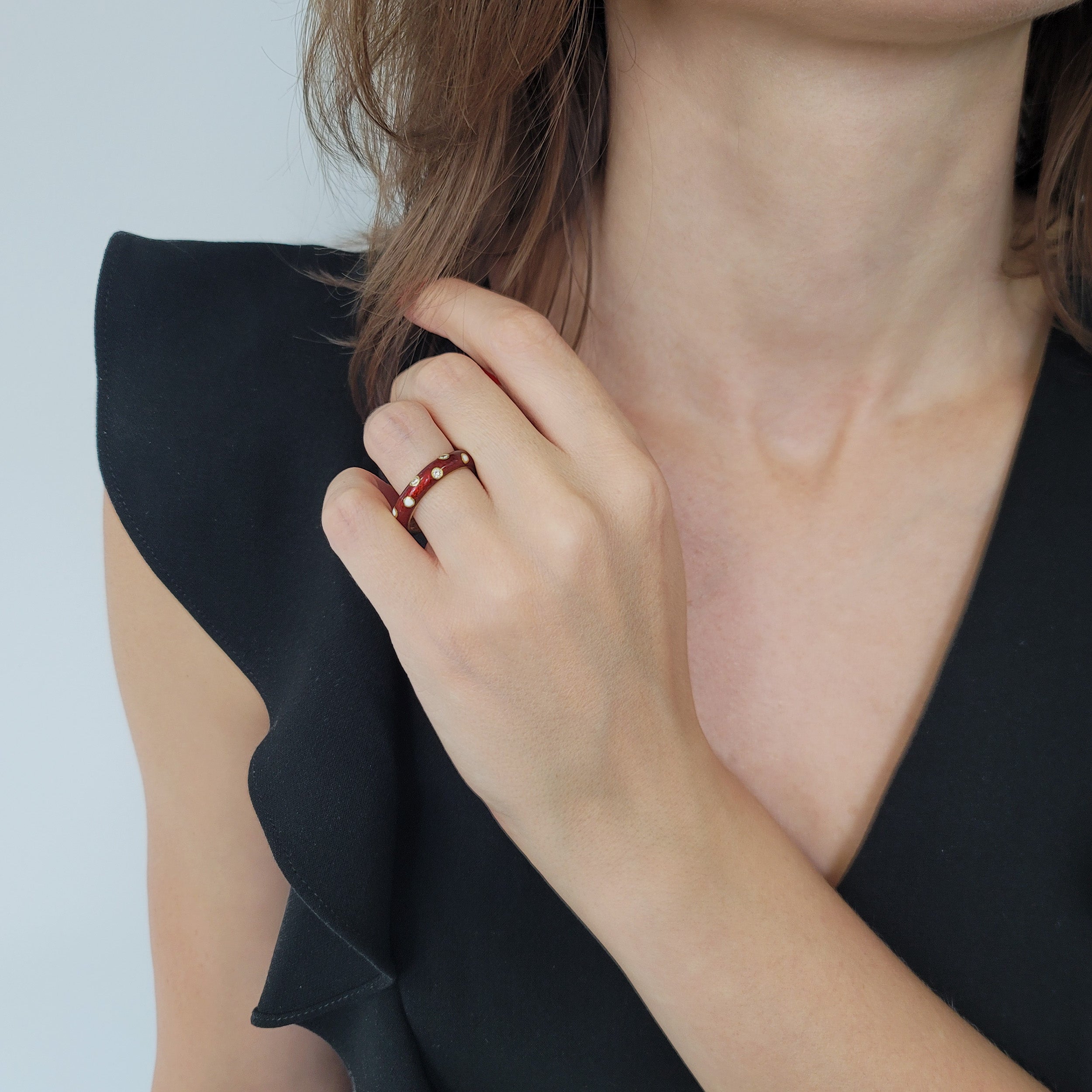 Hidalgo Diamond, Red And White Enamel Band In 18k Yellow Gold