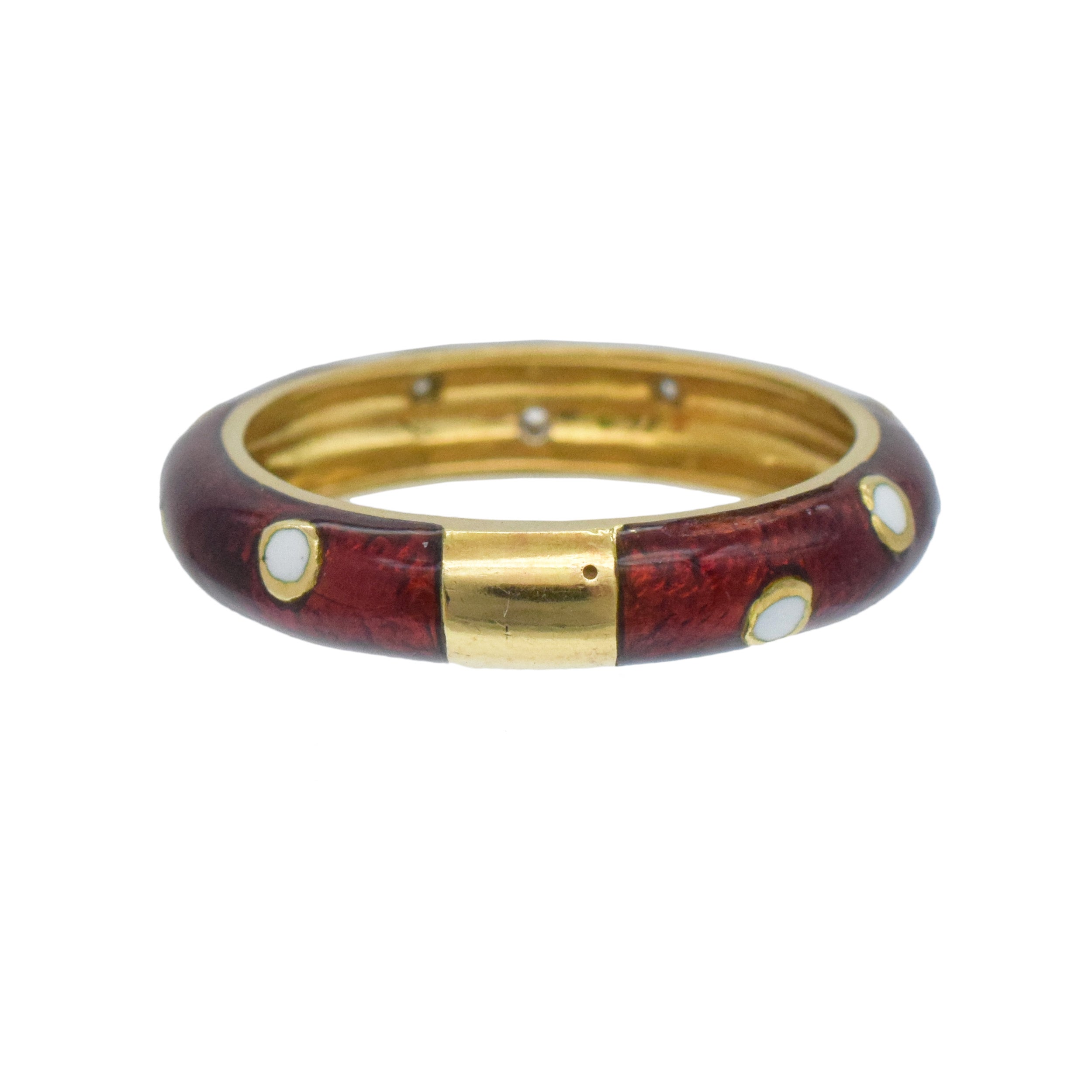 Hidalgo Diamond, Red And White Enamel Band In 18k Yellow Gold