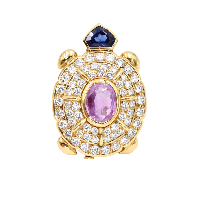 1970's Pink & Blue Sapphire & Diamond Turtle Brooch in 18k Yellow Gold