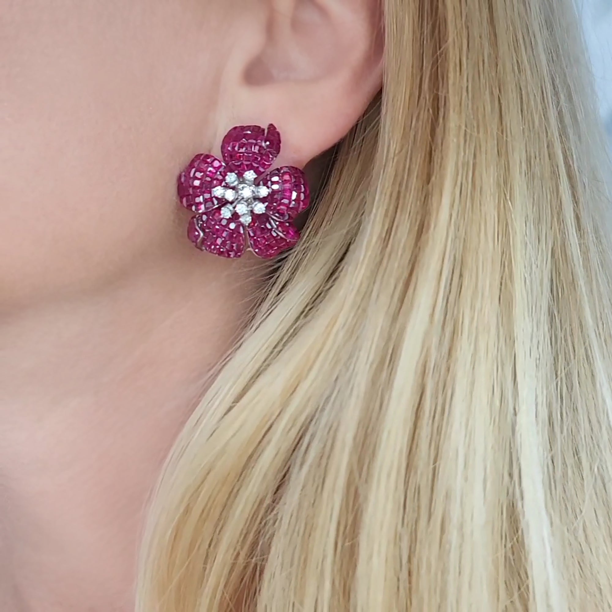 39.47ct Invisibly Set Ruby & Diamond Flower Earrings