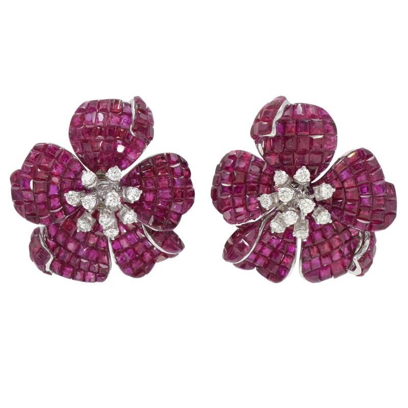 39.47ct Invisibly Set Ruby & Diamond Flower Earrings