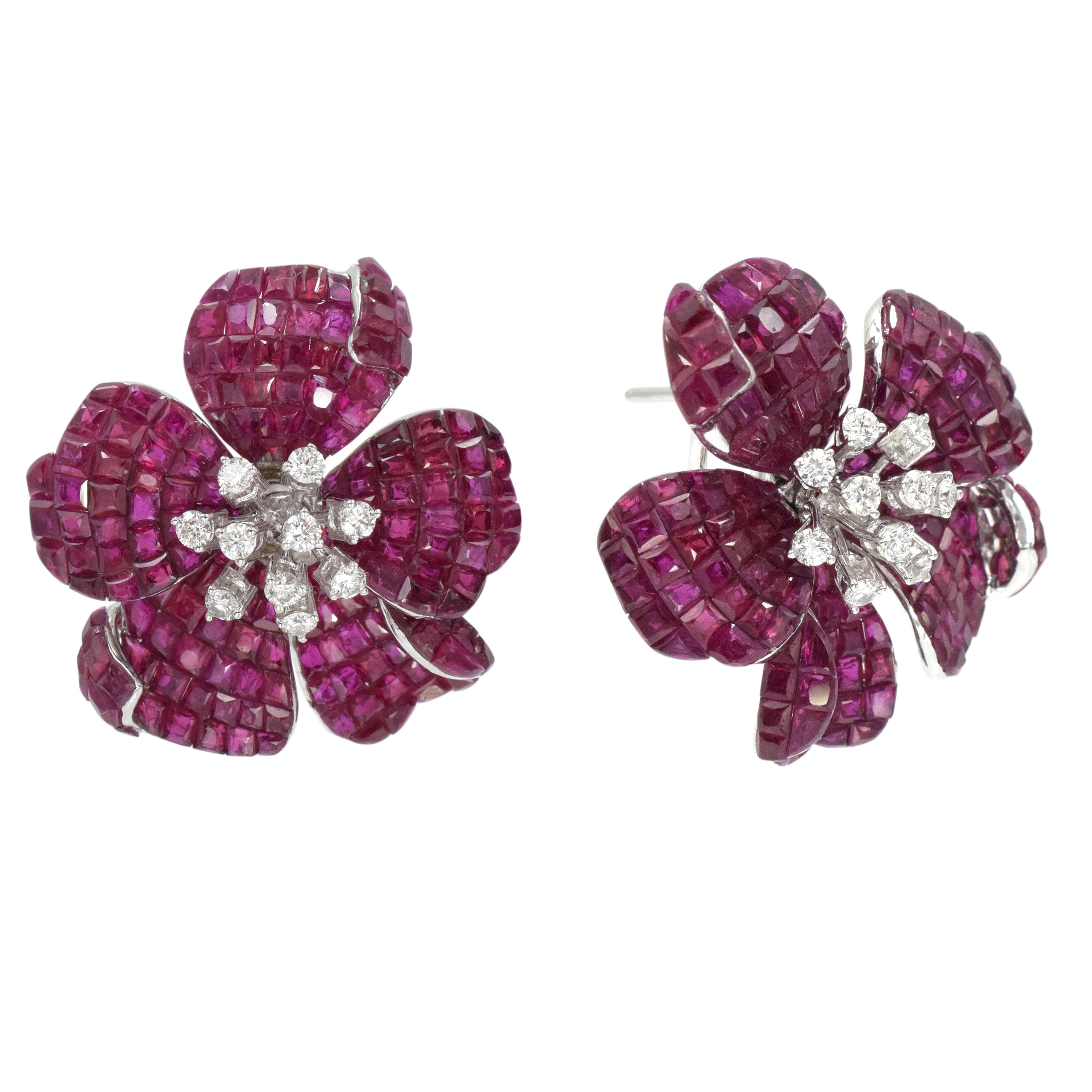 39.47ct Invisibly Set Ruby & Diamond Flower Earrings