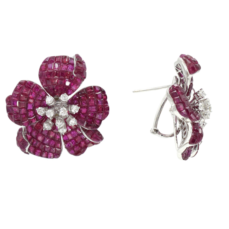 39.47ct Invisibly Set Ruby & Diamond Flower Earrings