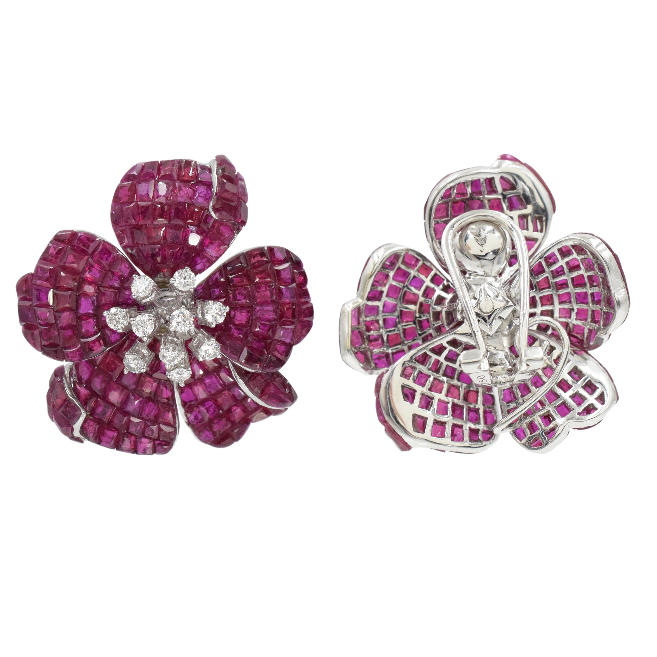 39.47ct Invisibly Set Ruby & Diamond Flower Earrings