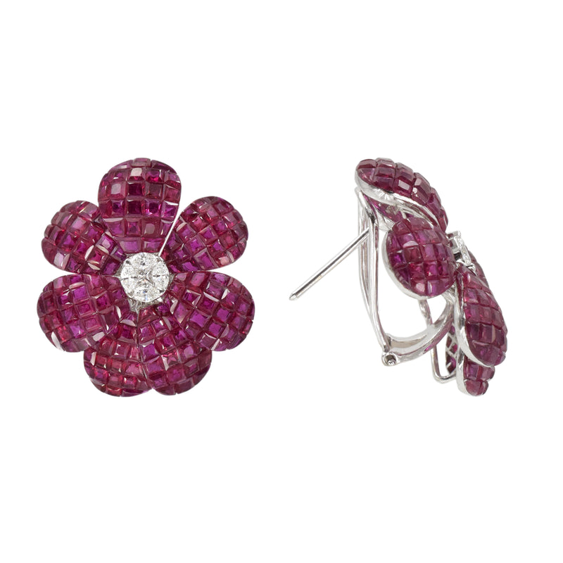 43.09ct Invisibly Set Ruby & Diamond Flower Earrings