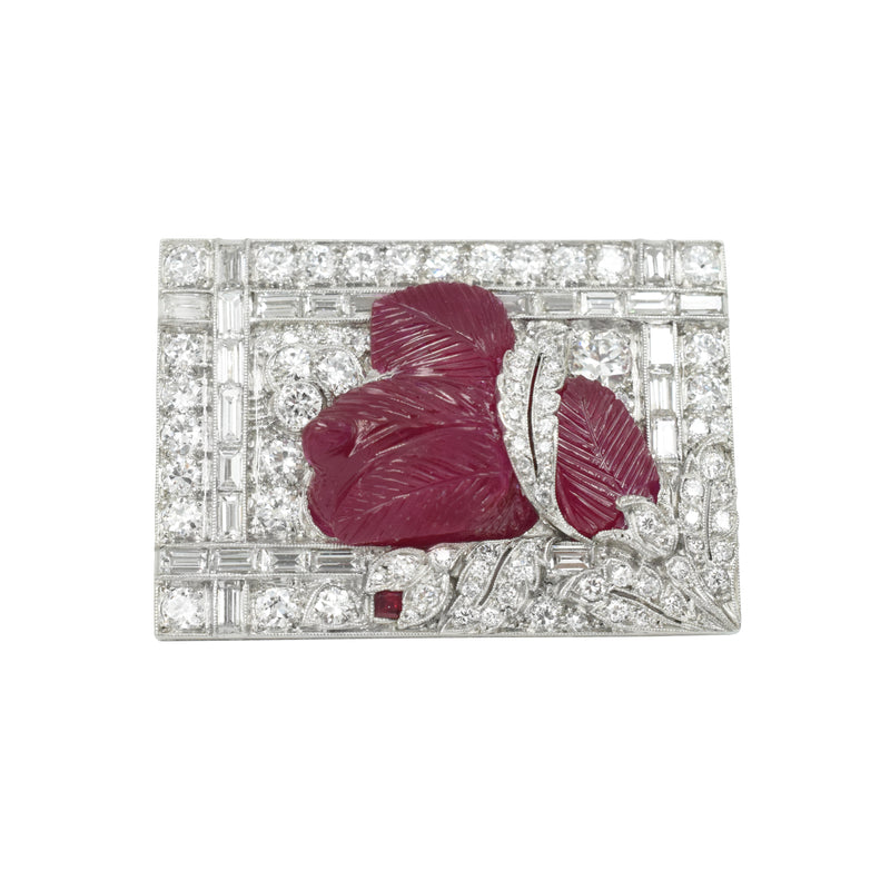 Art Deco Rectangular Carved Ruby & Diamond Brooch