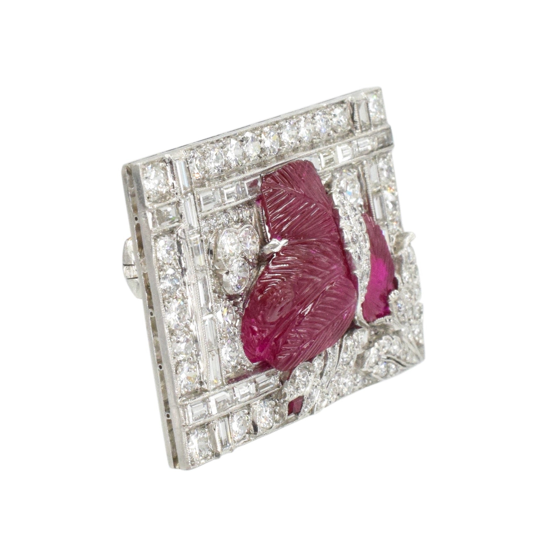 Art Deco Rectangular Carved Ruby & Diamond Brooch