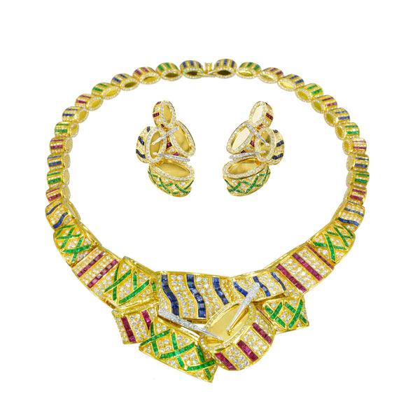 Barry Peters Multicolor Gemstones & Diamonds Drums, Earrings & Necklace Set