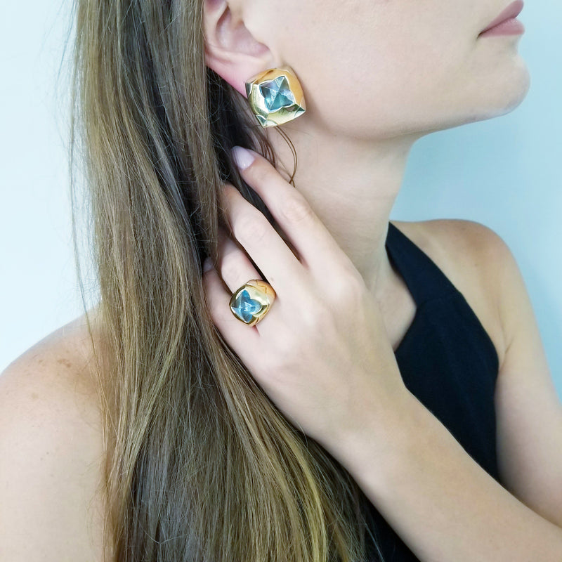 Iconic Bulgari Topaz Pyramid Earrings and Ring Set