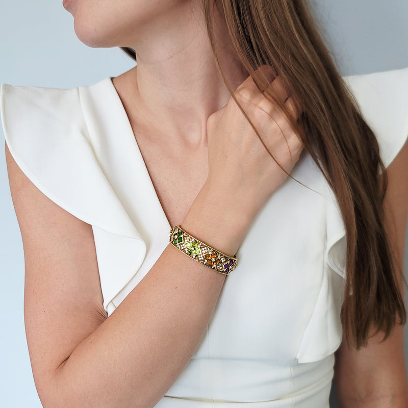 Diamond & Multicolor Gem Cuff Bracelet
