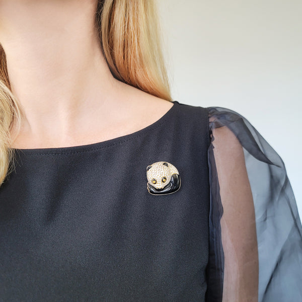 Diamond & Onyx Panda Brooch in 18k Yellow Gold