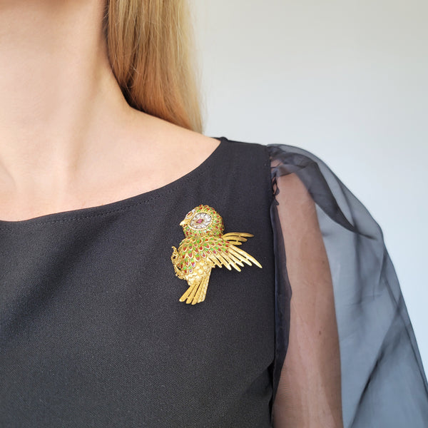 Diamond, Ruby & Enamel Owl Brooch in 18k Yellow Gold
