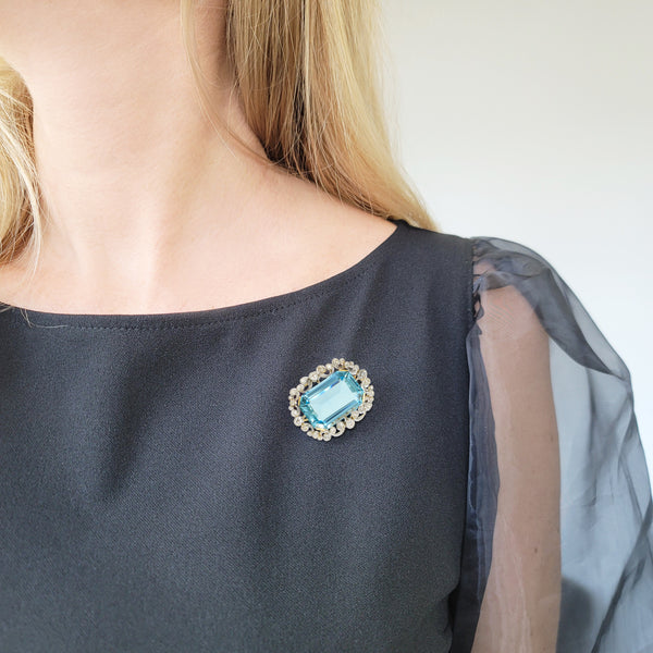 Edwardian 31.32ct Aquamarine & Diamond Brooch