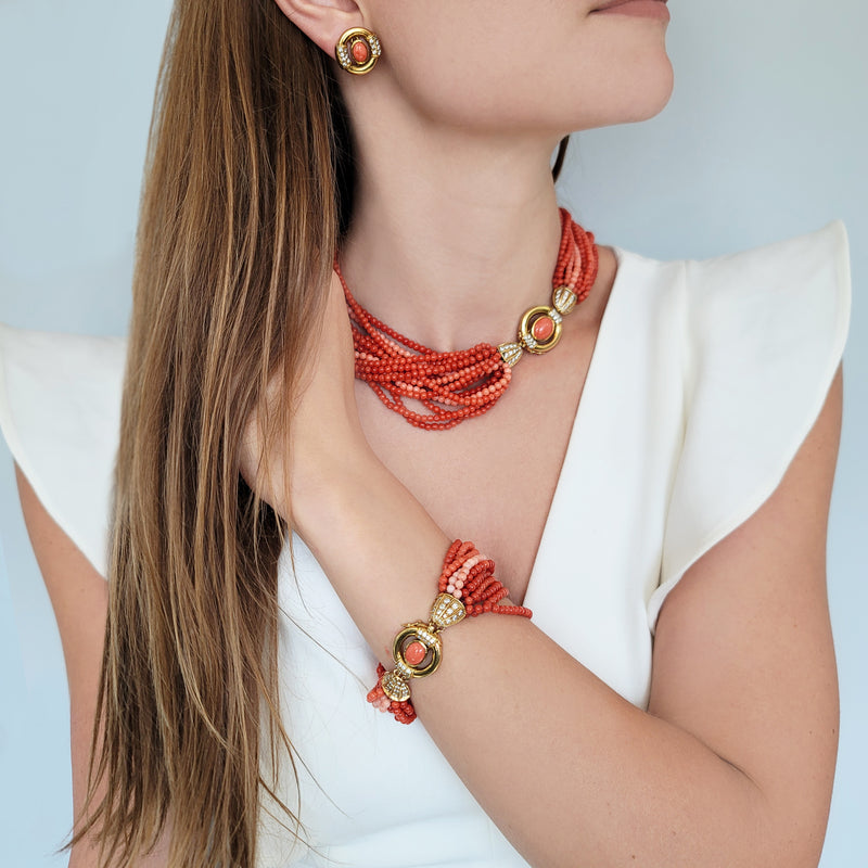 Gucci Coral & Diamond, Necklace, Bracelet & Earrings Set